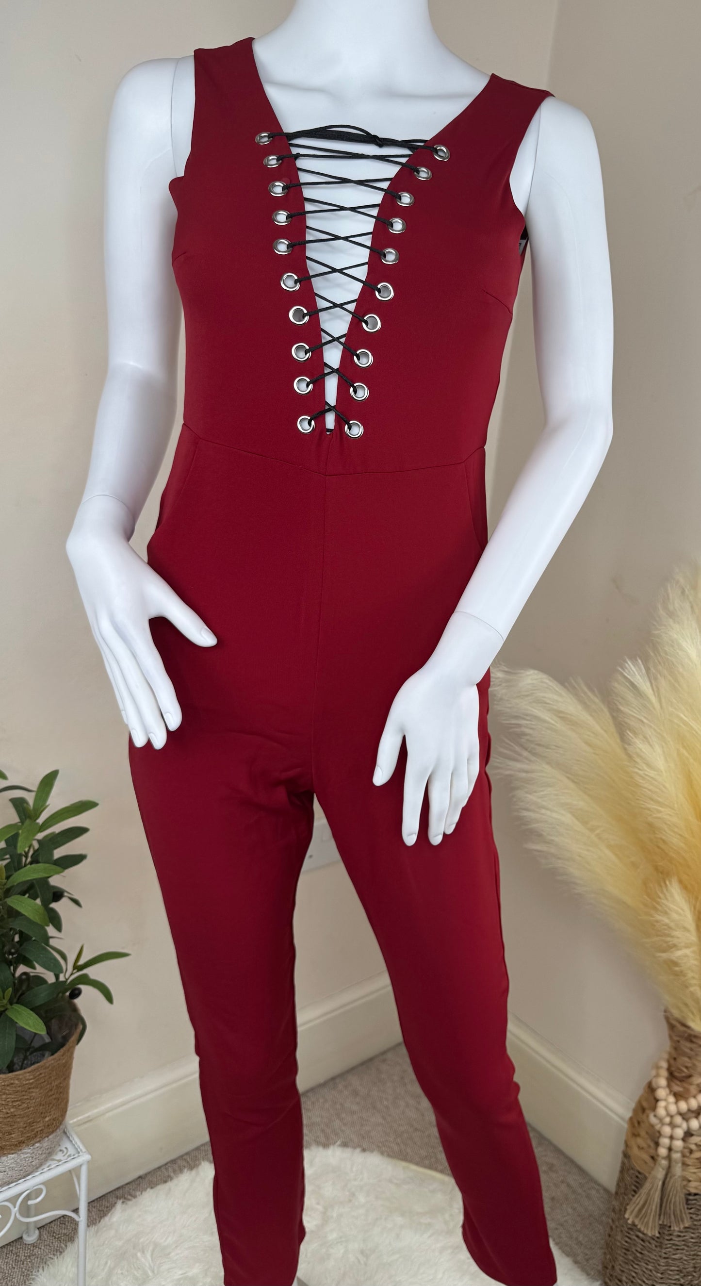 Women’s Lace-Up Front Jumpsuit – Black & Red – Sizes S/M