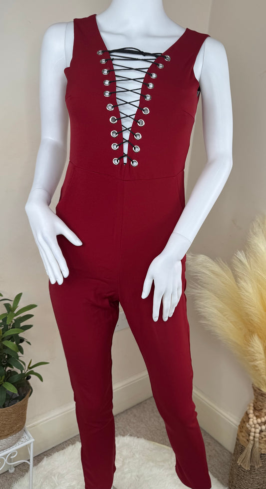 Women’s Lace-Up Front Jumpsuit – Black & Red – Sizes S/M