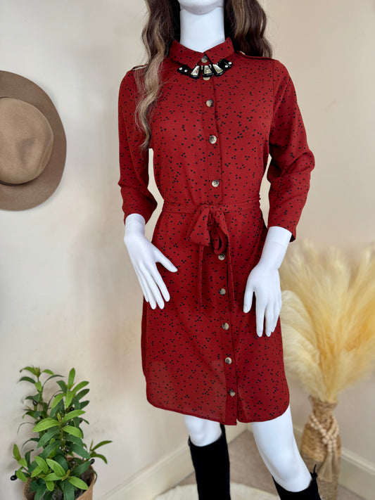 Women’s Red Shirt Dress – Long Sleeve Button Down with Belt UK 10