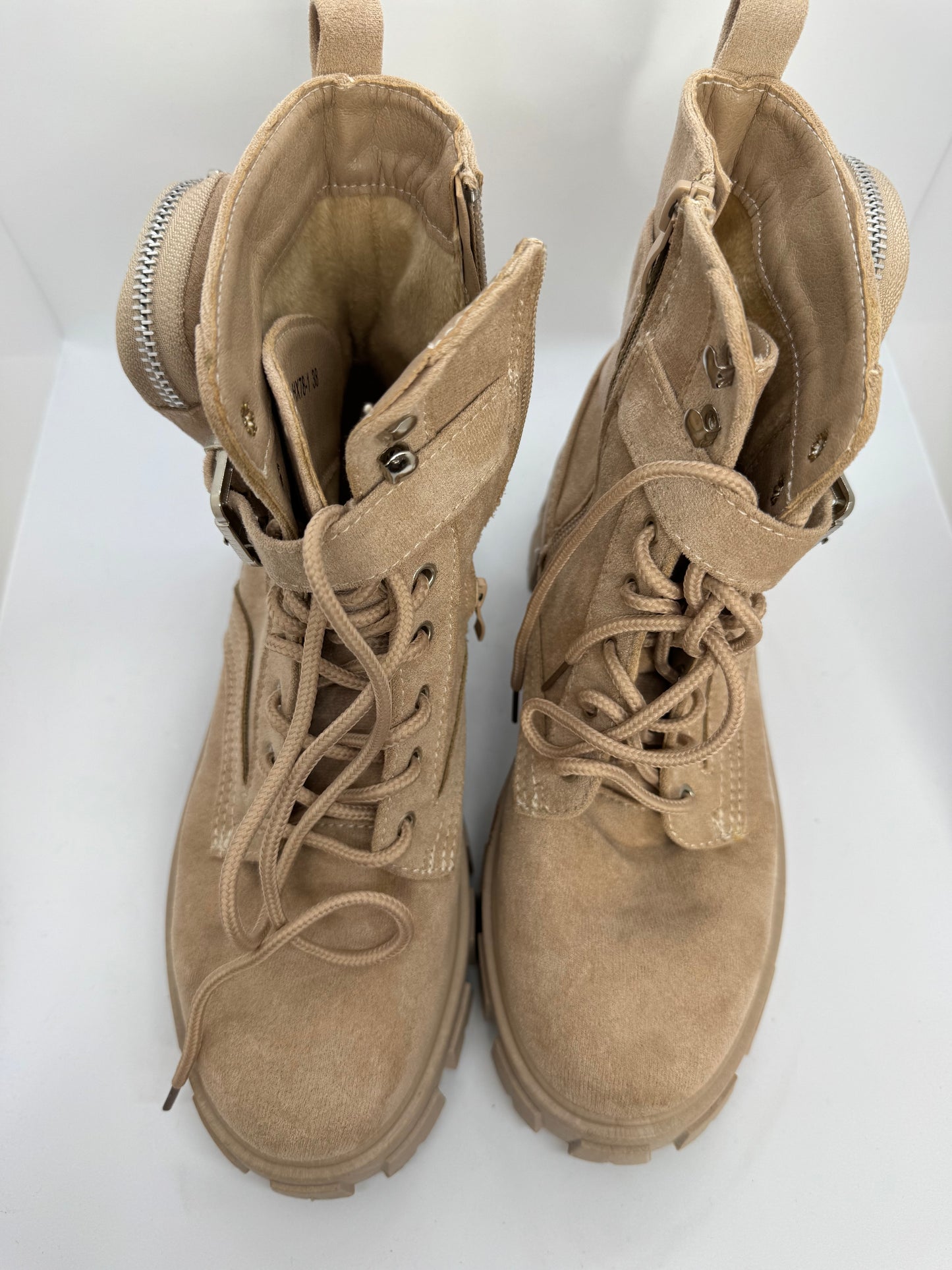 Women’s Beige Combat Boots with Pocket – Size UK 5 Faux Fur Lined Chunky Sole