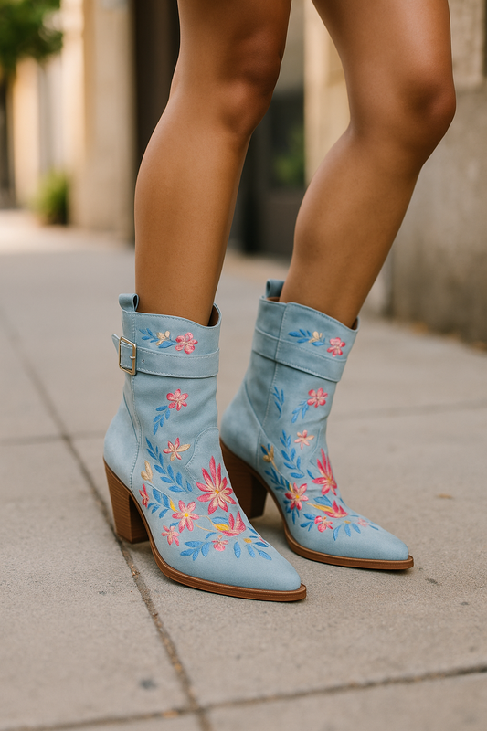 Women’s Blue Embroidered Western Boots – UK 7 / EU 40, Block Heel, Floral Cowboy Style
