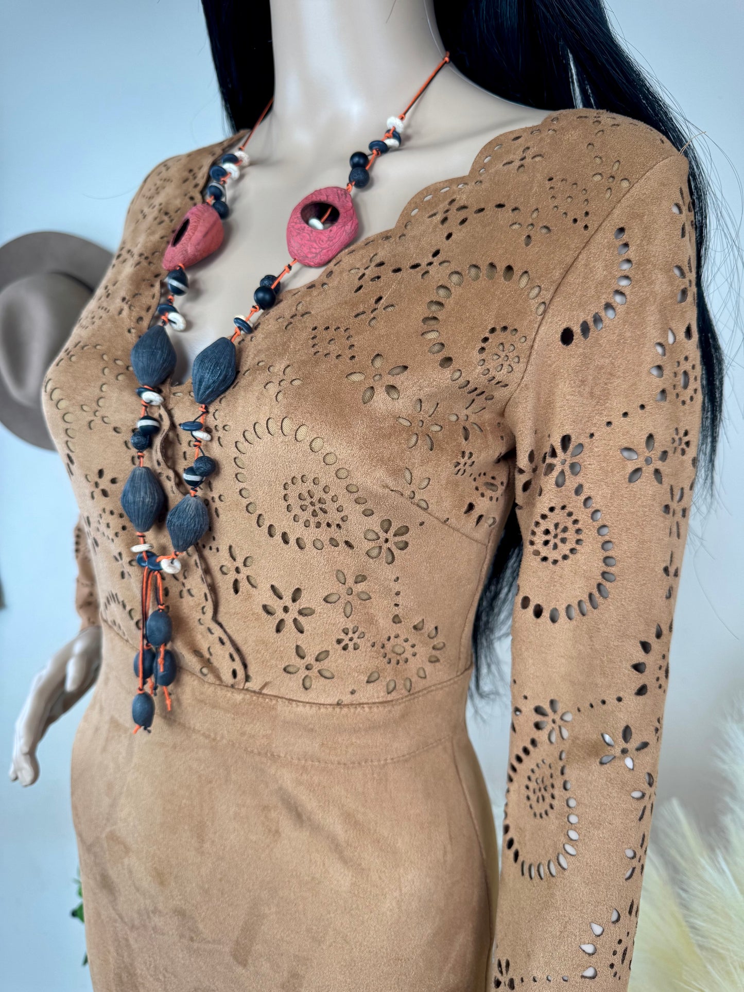 Women's Brown Suede Look Mini Dress – Laser Cut Long Sleeve Bodycon, Size S UK 8