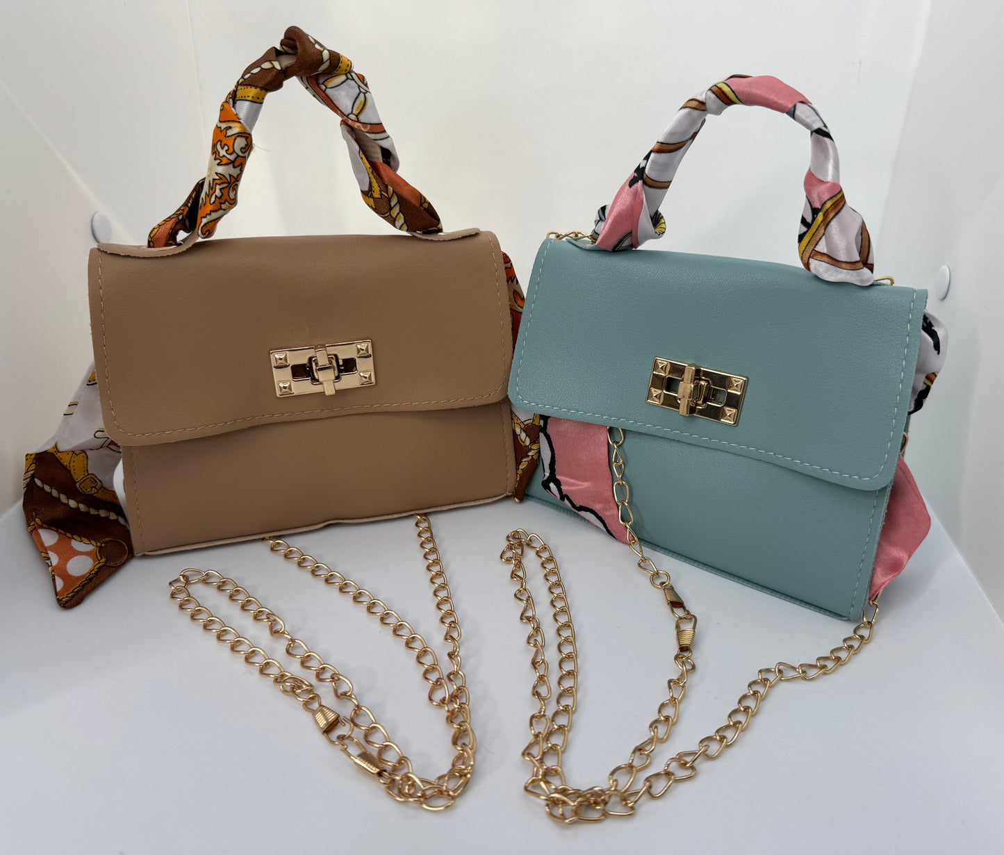 Small crossbody shoulder bag – beige or mint – everyday handbag with scarf strap