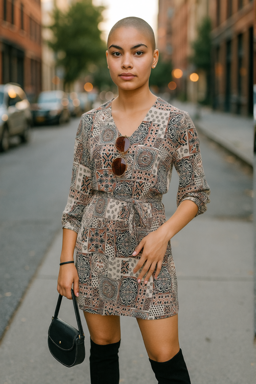 Women’s Boho Print Mini Dress – Long Sleeve Tie Waist – UK Size 12