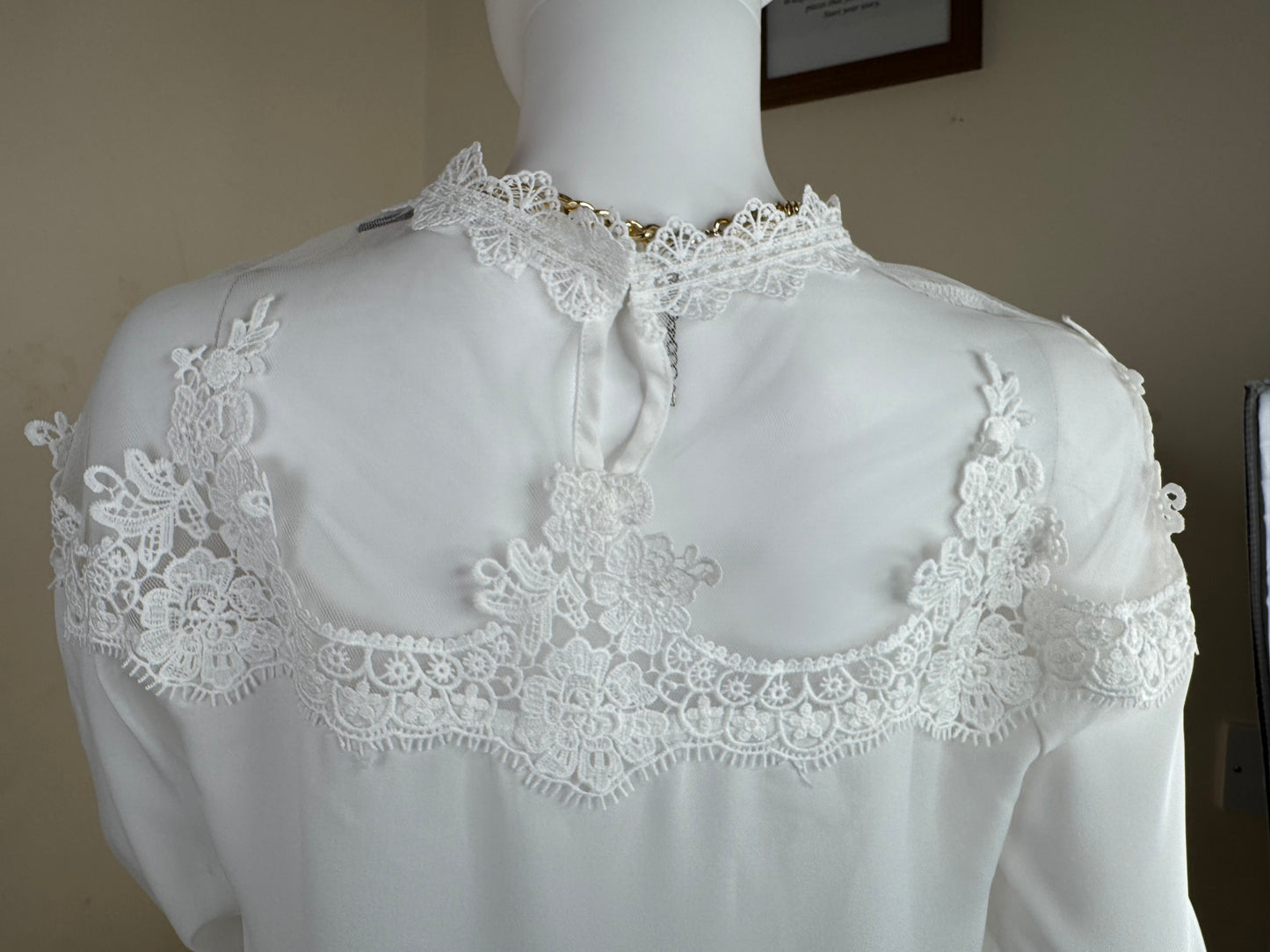 Women’s White Lace Blouse UK 10 – Sheer Long Sleeve Top Elegant Occasion Wear