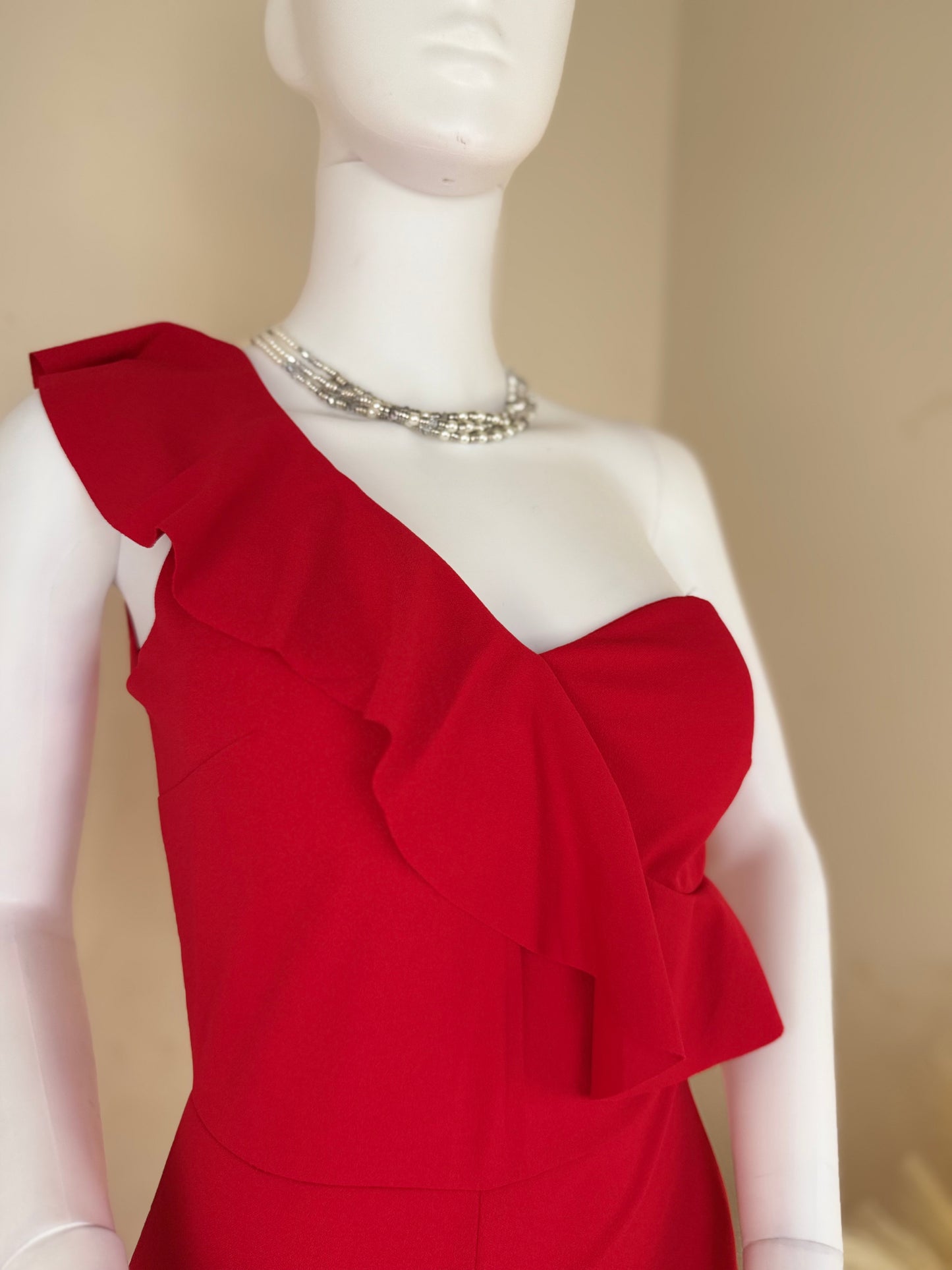 Women’s Red One Shoulder Ruffle Jumpsuit – Party & Evening Wear (UK 8)