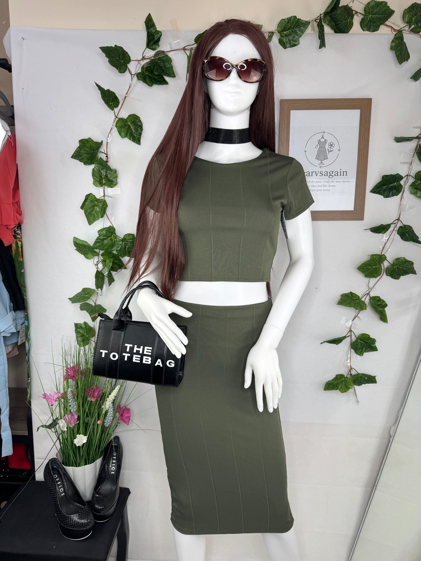 Women’s Khaki Co-Ord Set – Crop Top & Midi Skirt Size 8