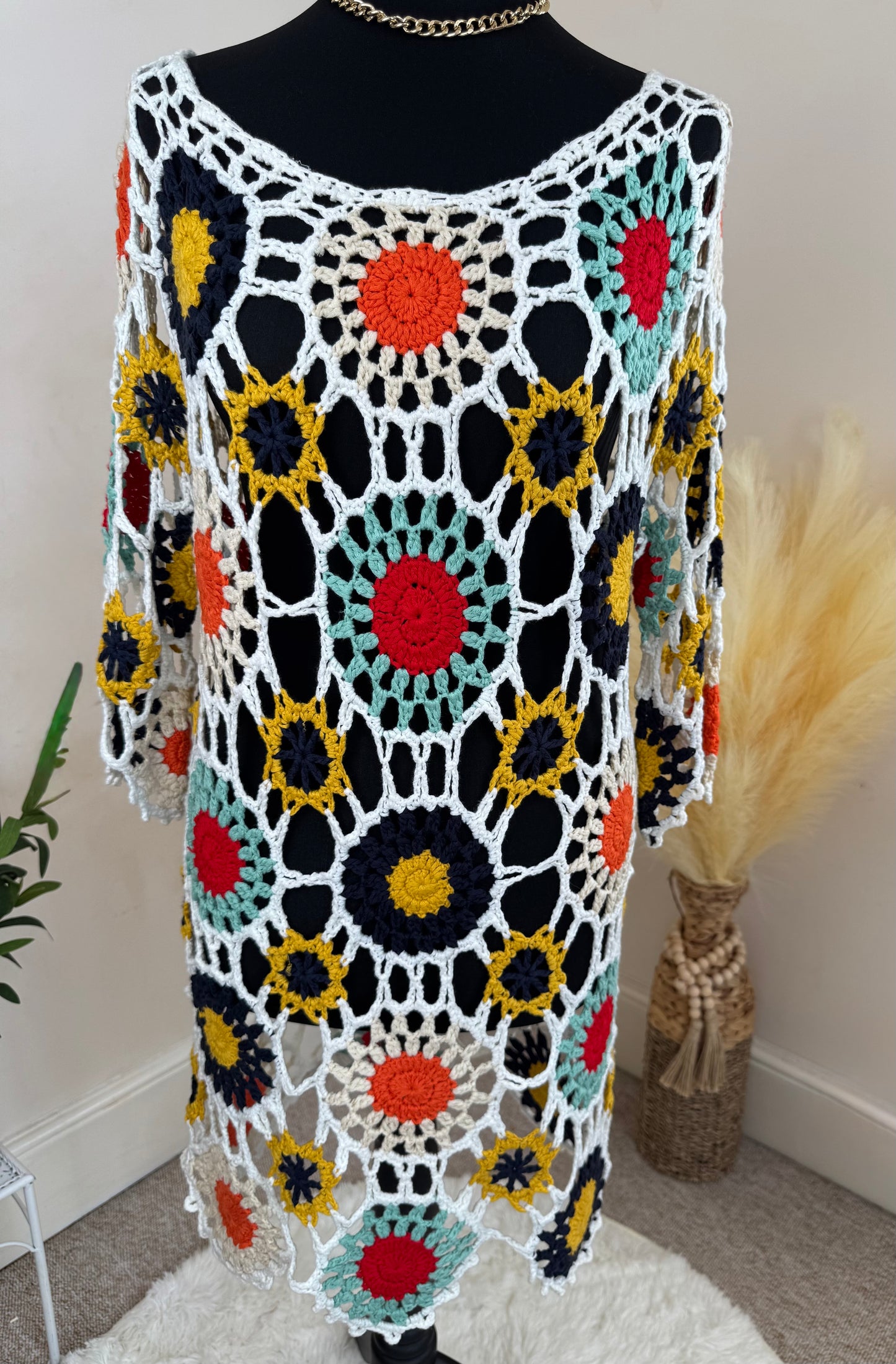 Women’s Crochet Tunic Dress – Multicolour Floral Open Knit Boho Layering (UK 10)