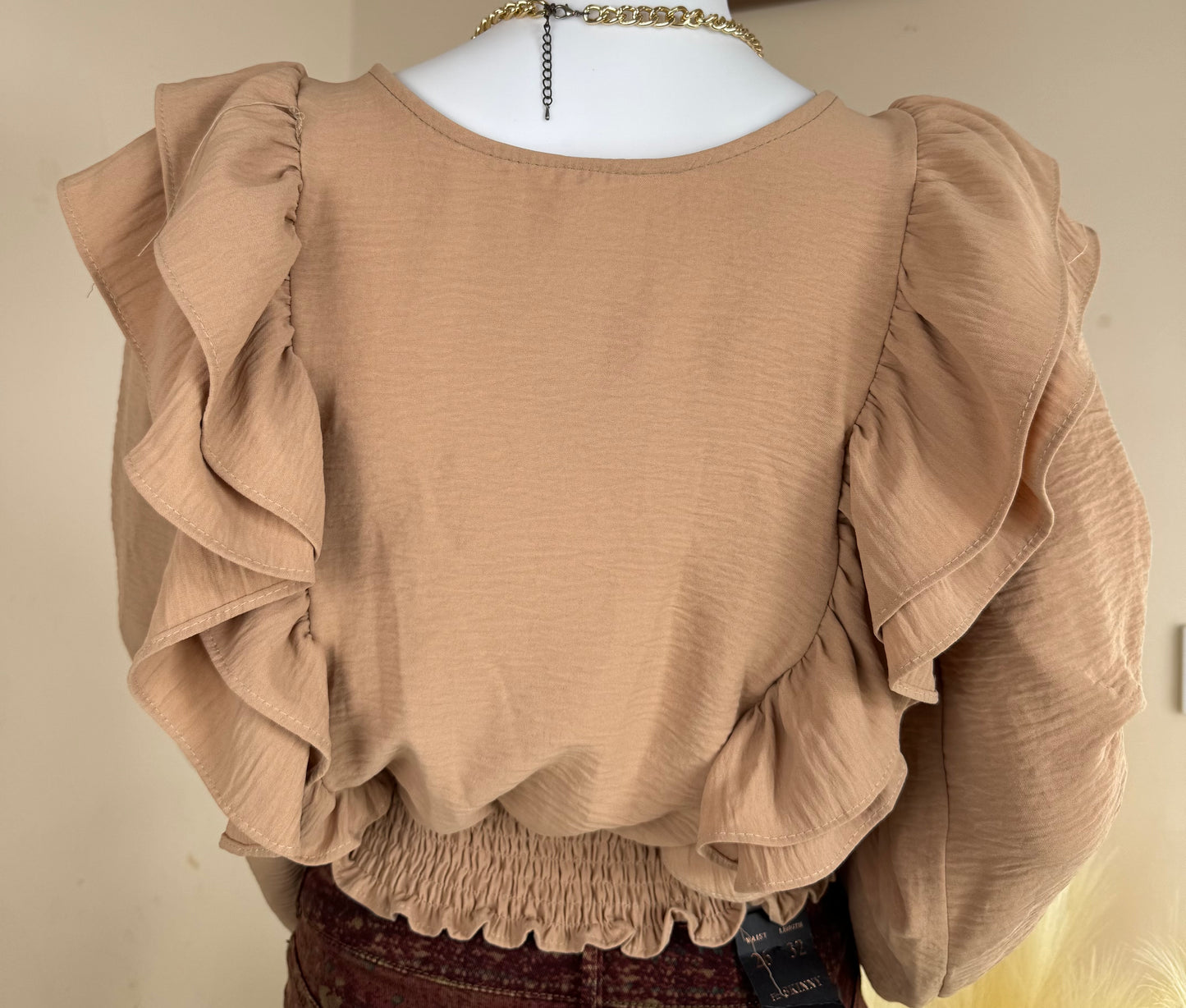 Women’s Ruffle Long Sleeve Blouse Beige | Elegant Preloved Top UK M/10