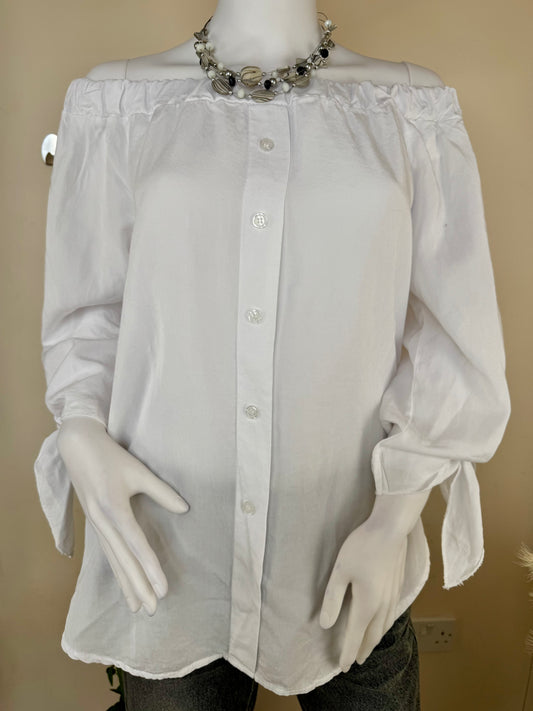 Women’s White Off Shoulder Blouse – Long Sleeve Tie Detail Top (UK 12)