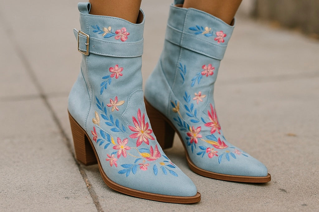Women’s Blue Embroidered Western Boots – UK 7 / EU 40, Block Heel, Floral Cowboy Style