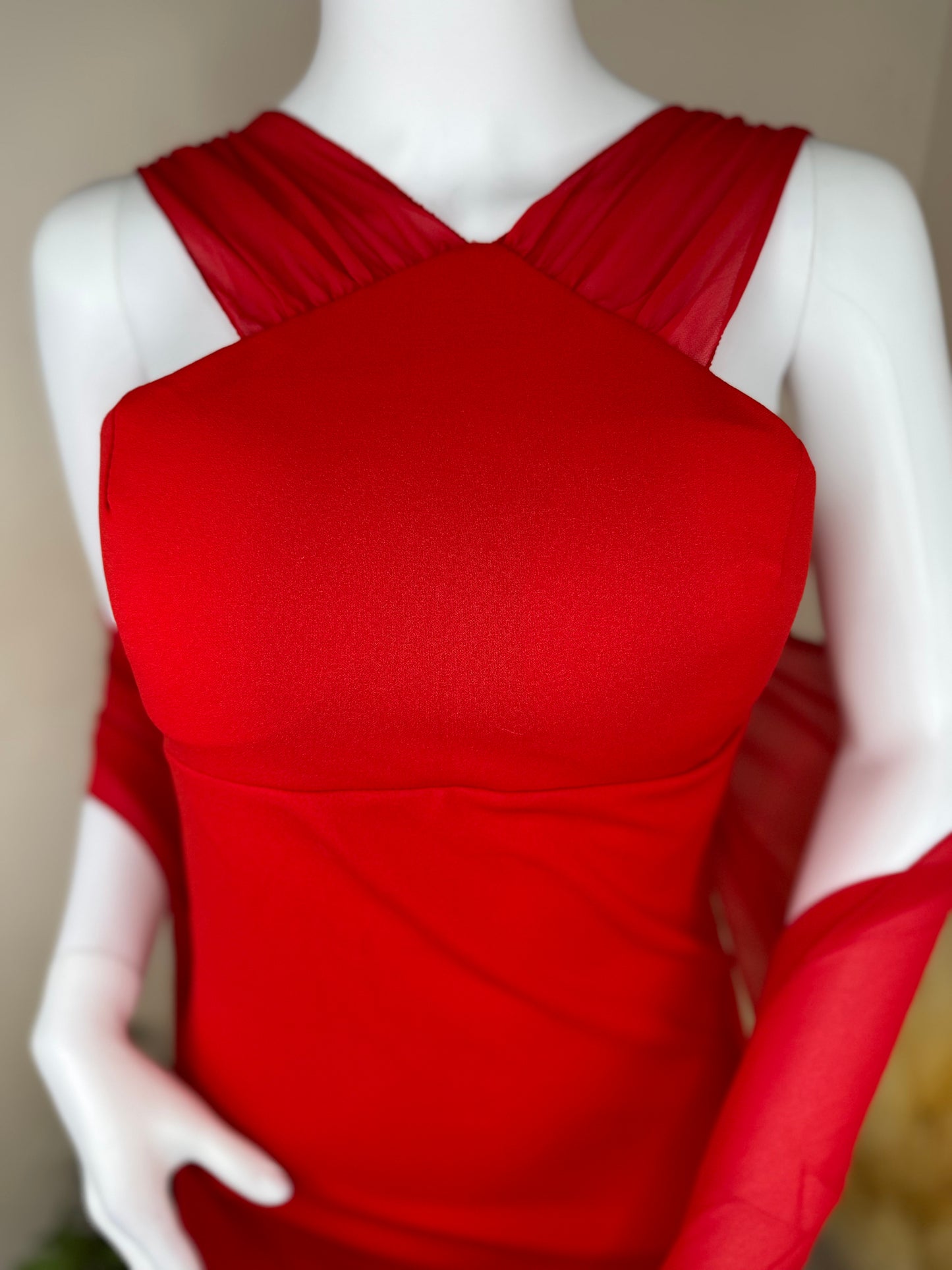Red evening mini dress – cross strap detail – size 8