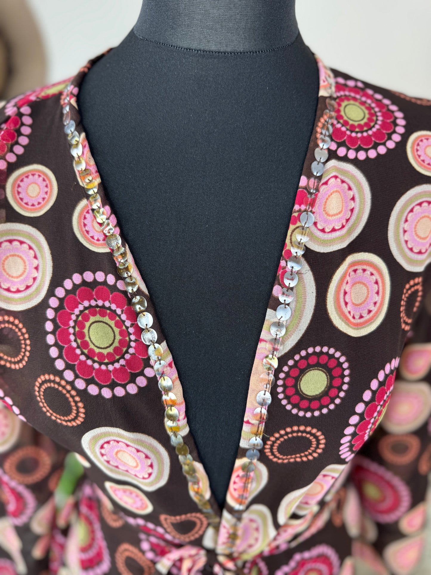 Brown Retro Print Wrap Dress with Tie Belt – Size 8