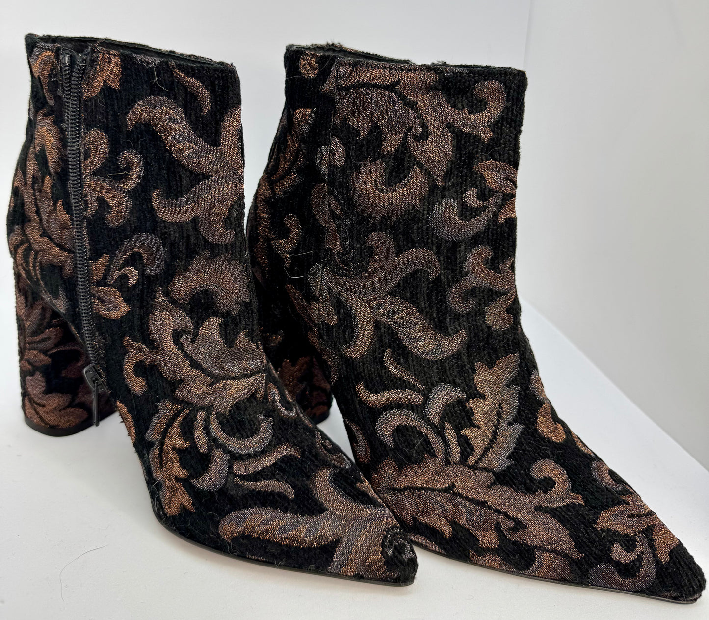 Women’s Black Ankle Boots UK 5 (EU 38) – CafeNoir Embroidered Baroque Pattern, Block Heel