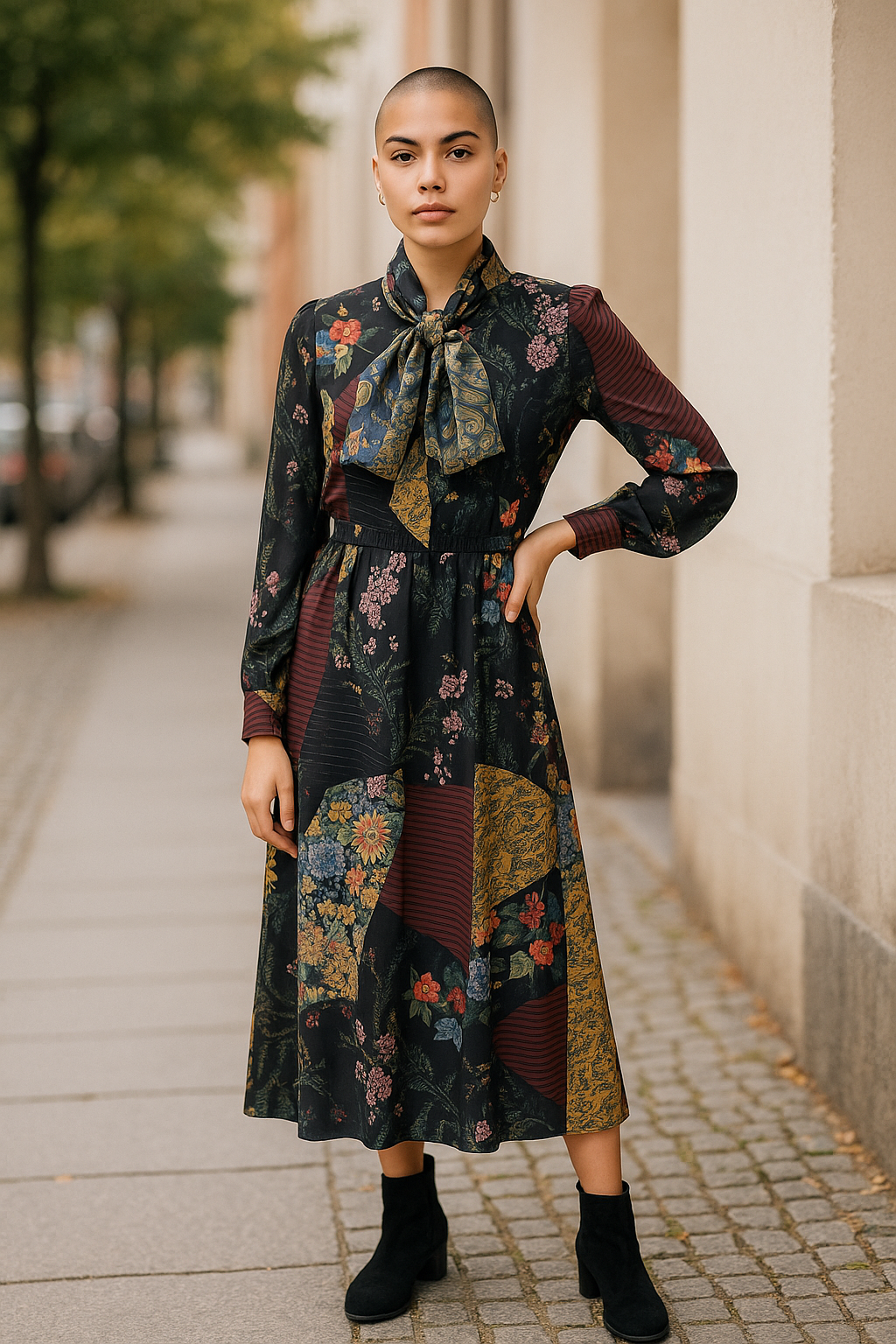 Women’s Patchwork Floral Midi Dress with Pussybow Tie – Size 10