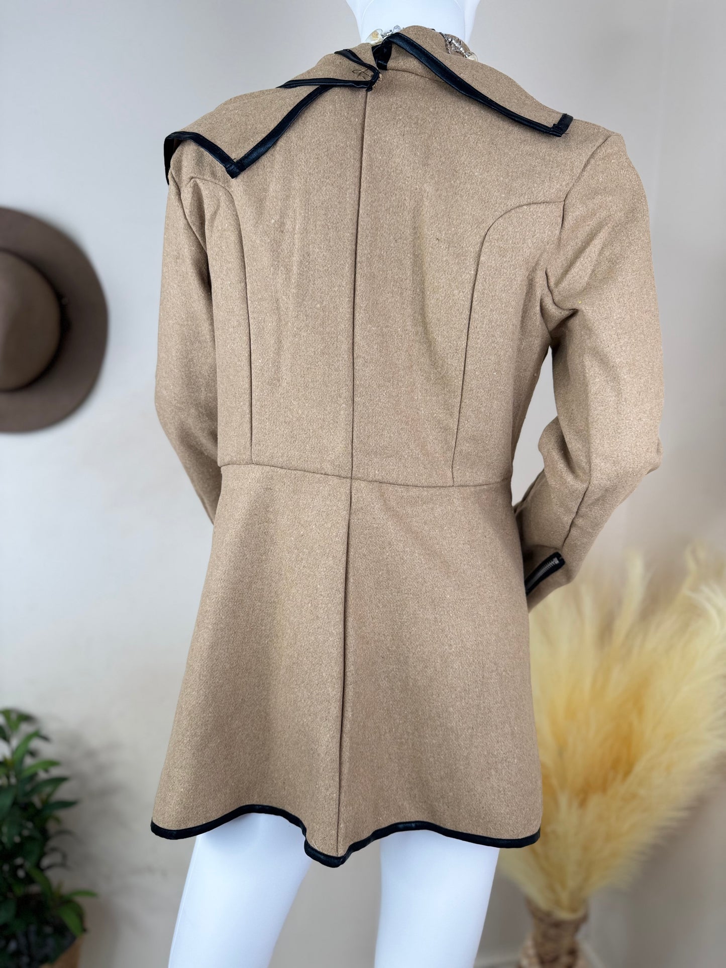 Women’s Camel Wrap Coat with Black Trim – Size L / UK