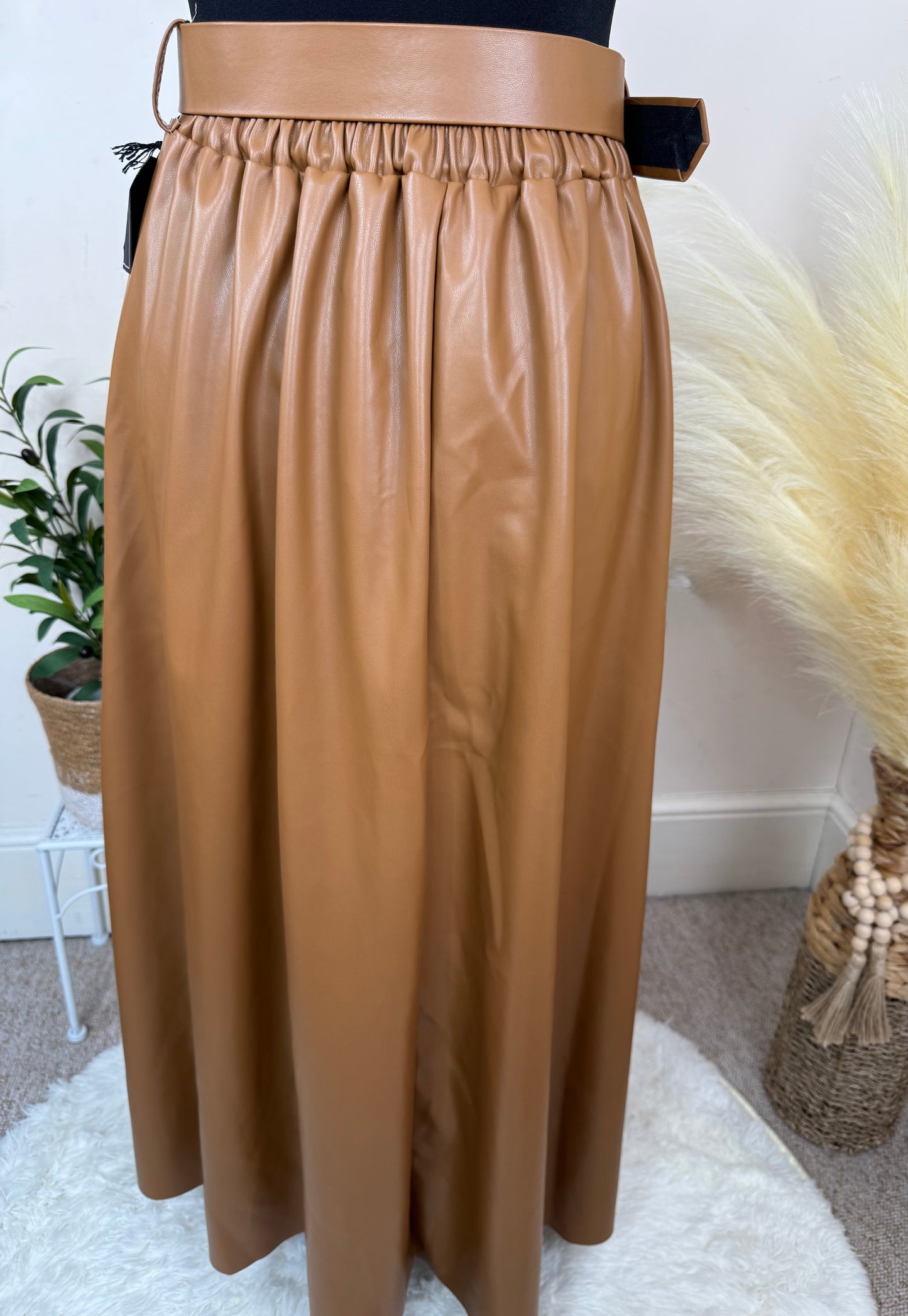 Women’s Tan Faux Leather Midi Skirt with Belt – Size 10
