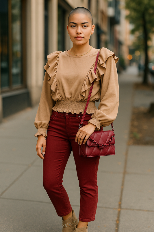 Women’s Ruffle Long Sleeve Blouse Beige | Elegant Preloved Top UK M/10
