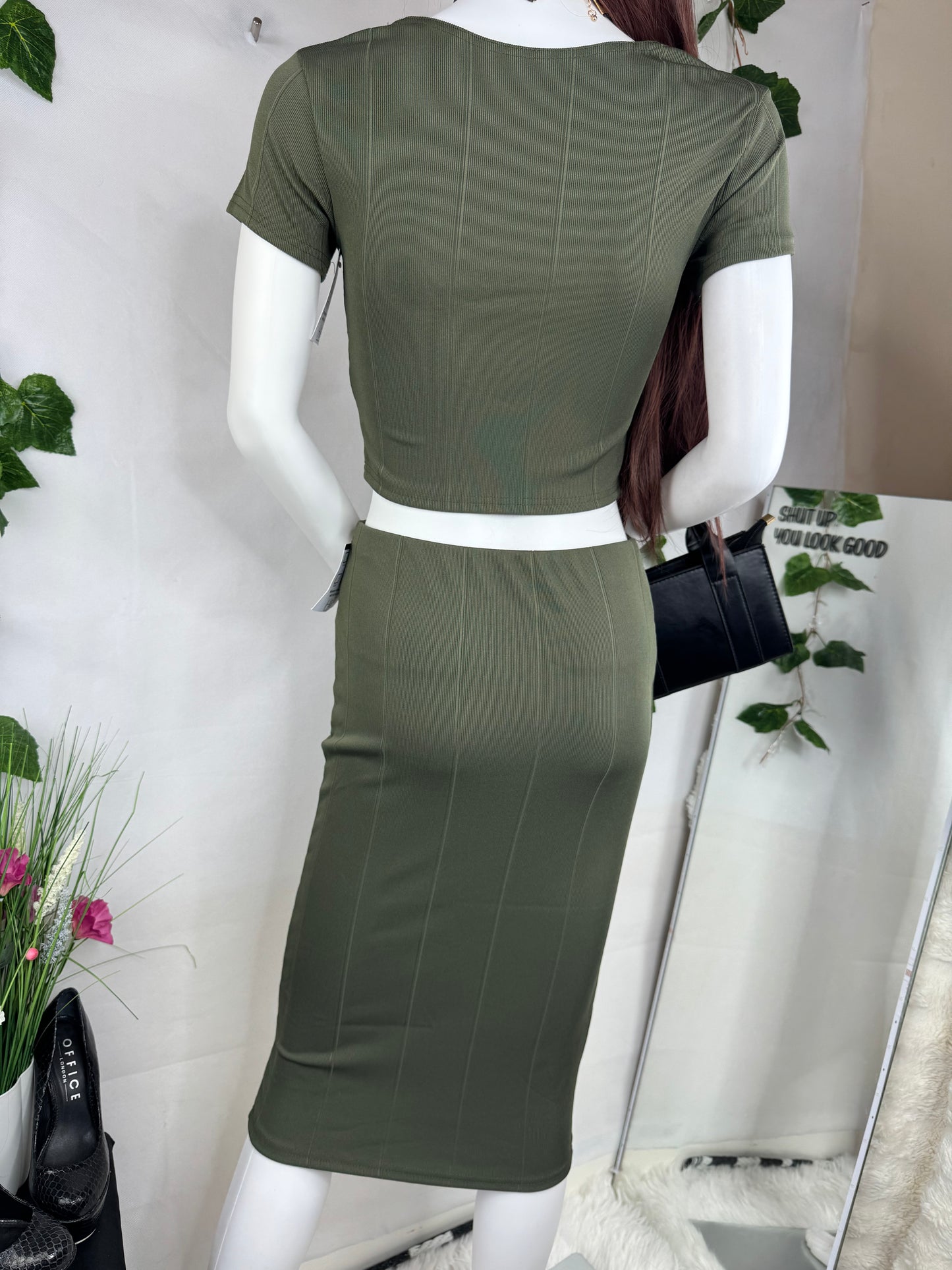 Women’s Khaki Co-Ord Set – Crop Top & Midi Skirt Size 8