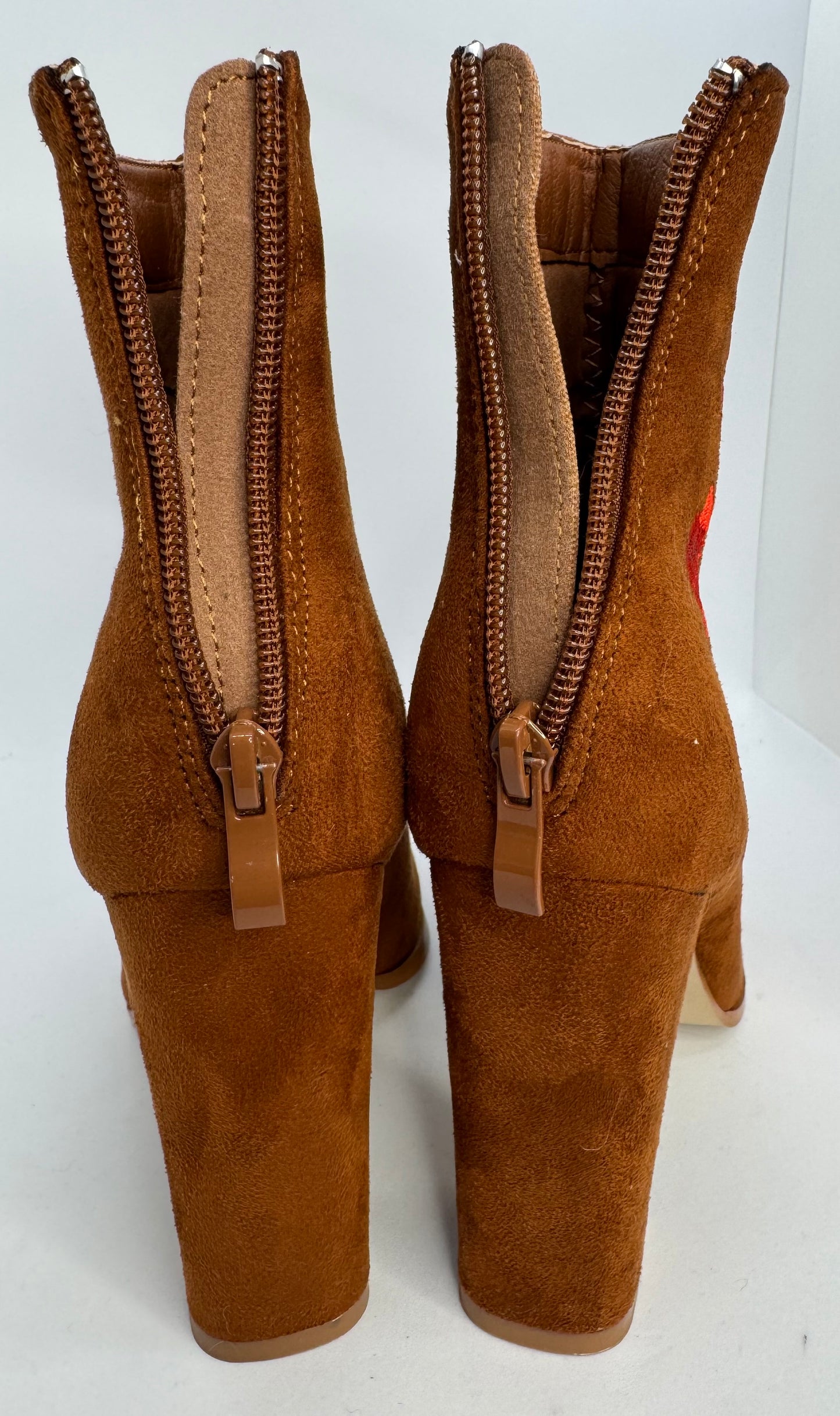 Brown Block Heel Ankle Boots with Red Rose Embroidery – Size UK 6 / EU 39