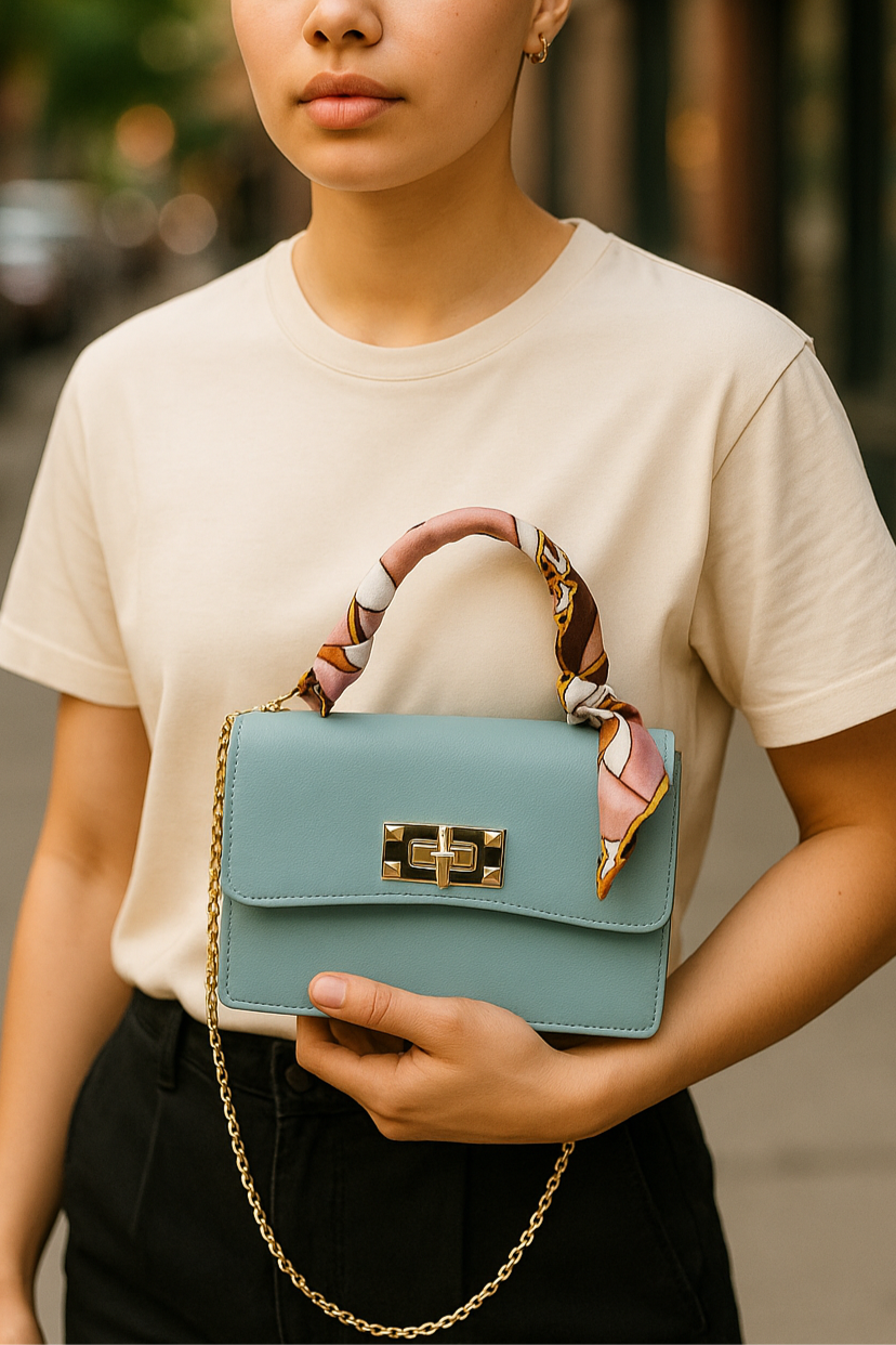 Small crossbody shoulder bag – beige or mint – everyday handbag with scarf strap
