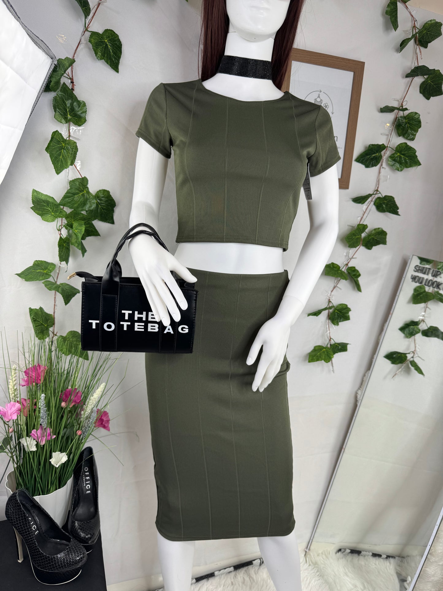 Women’s Khaki Co-Ord Set – Crop Top & Midi Skirt Size 8