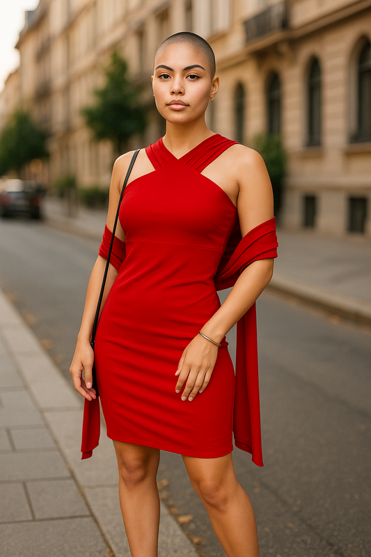 Red evening mini dress – cross strap detail – size 8