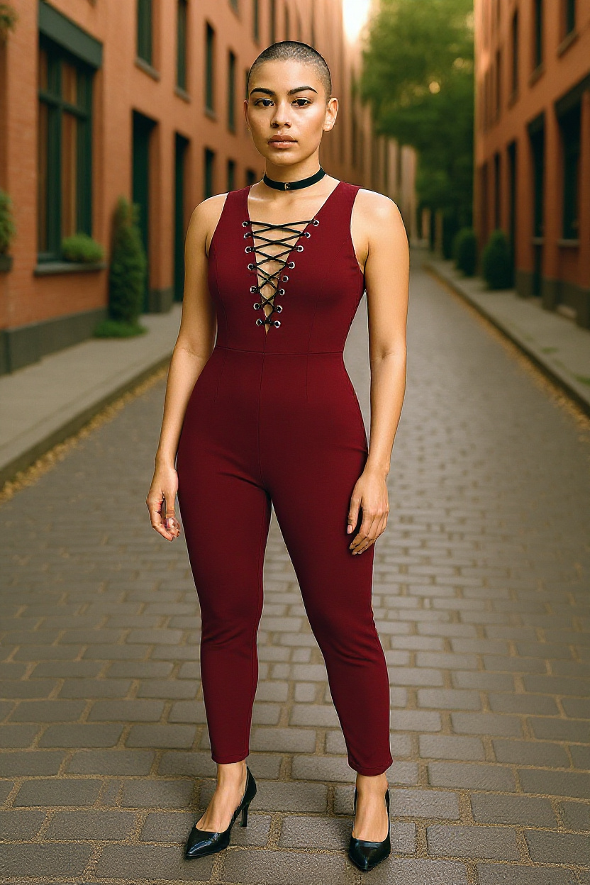 Women’s Lace-Up Front Jumpsuit – Black & Red – Sizes S/M