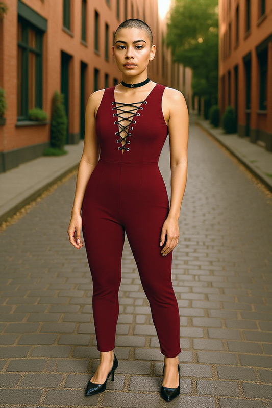 Women’s Lace-Up Front Jumpsuit – Black & Red – Sizes S/M
