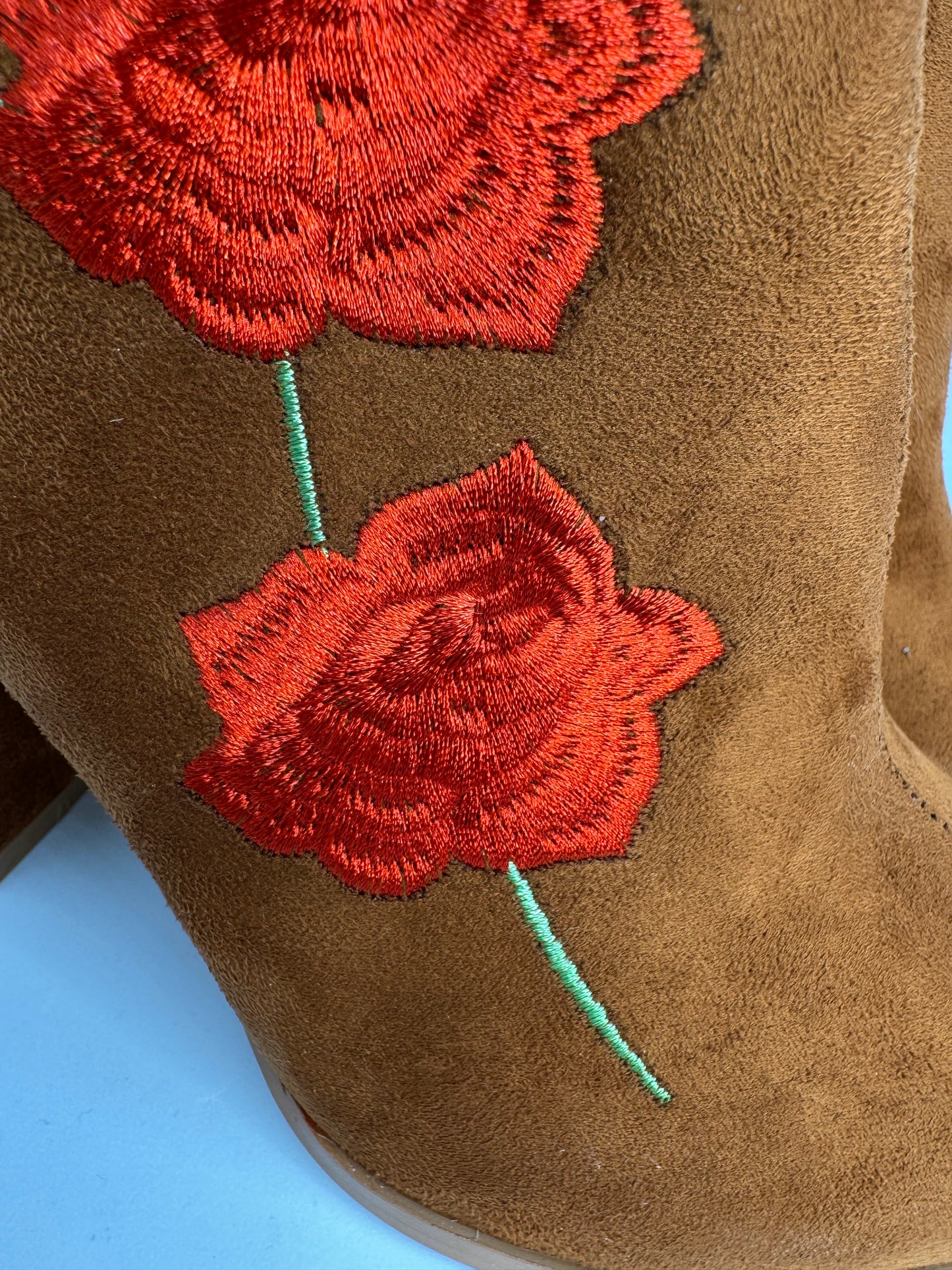 Brown Block Heel Ankle Boots with Red Rose Embroidery – Size UK 6 / EU 39