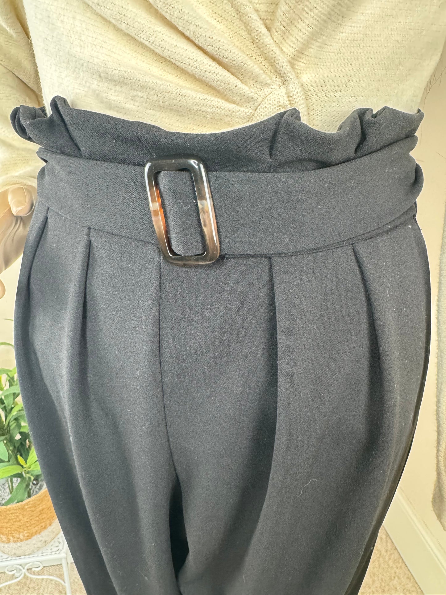 Women’s Black Paperbag Waist Trousers with Belt – Size UK 8