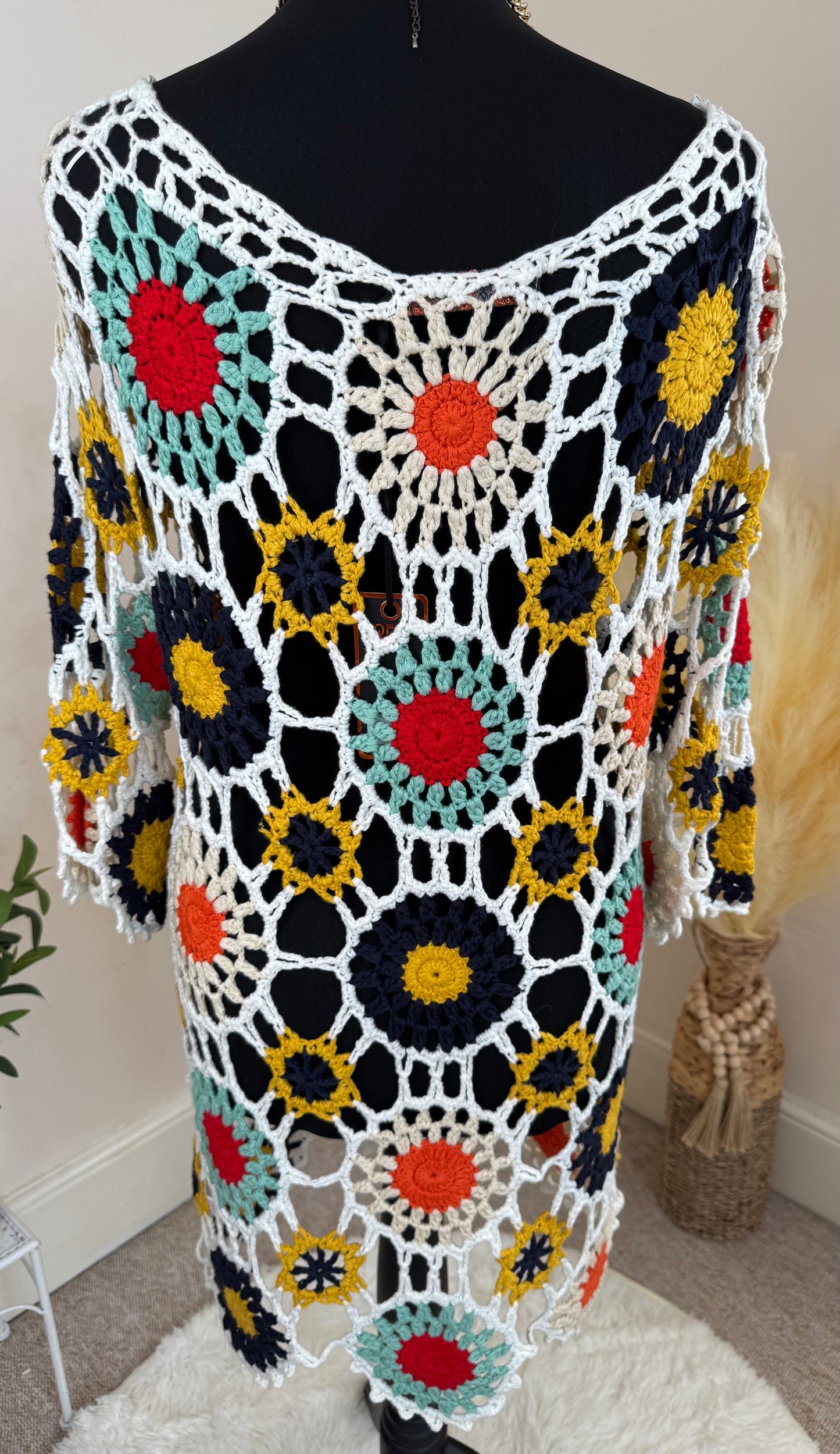 Women’s Crochet Tunic Dress – Multicolour Floral Open Knit Boho Layering (UK 10)