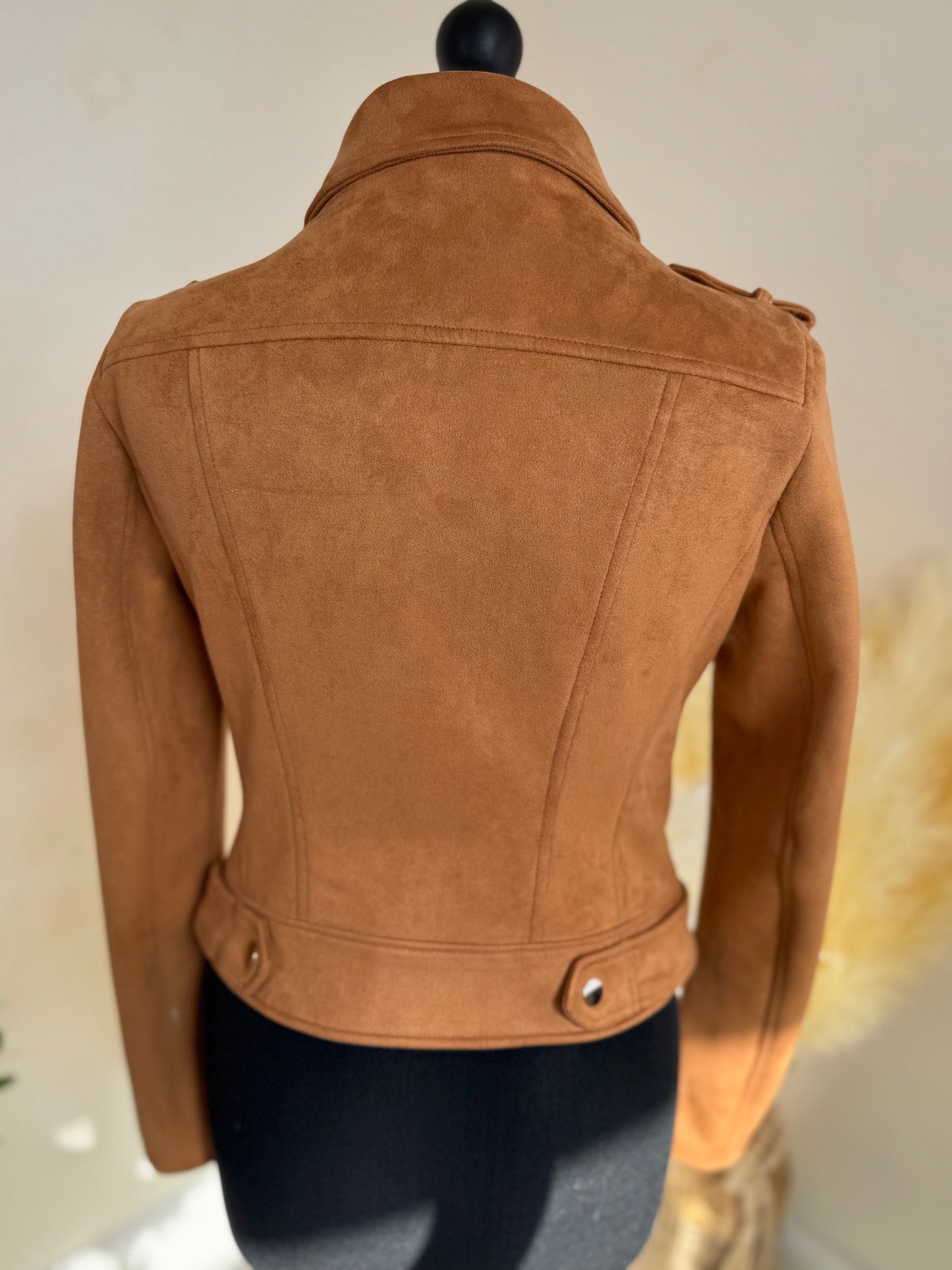 River Island Faux Suede Biker Jacket – Camel Brown, Size 10, Zip Detail