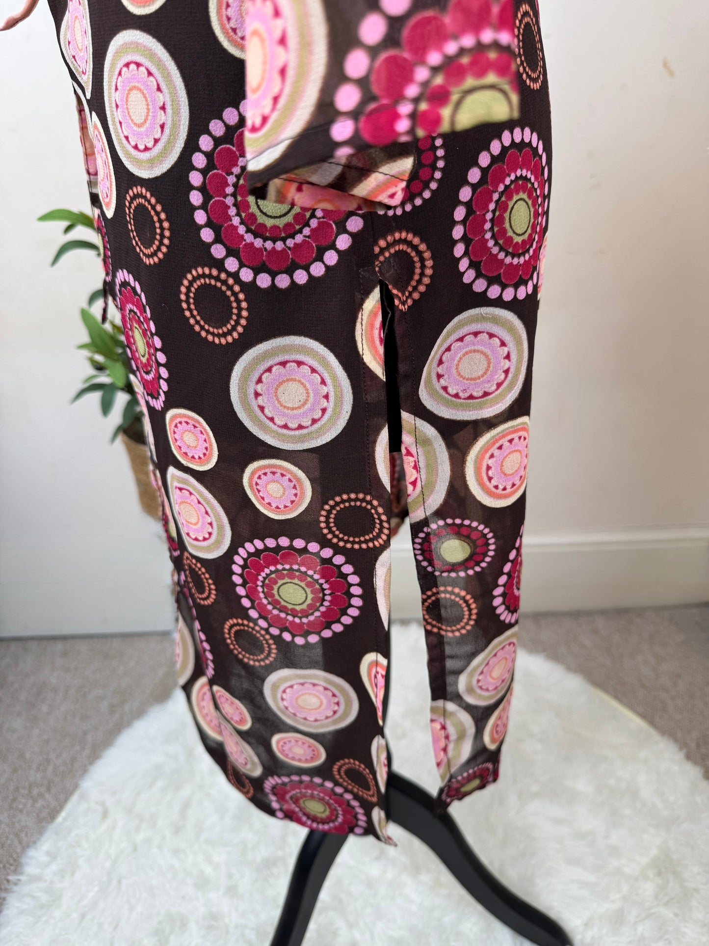Brown Retro Print Wrap Dress with Tie Belt – Size 8
