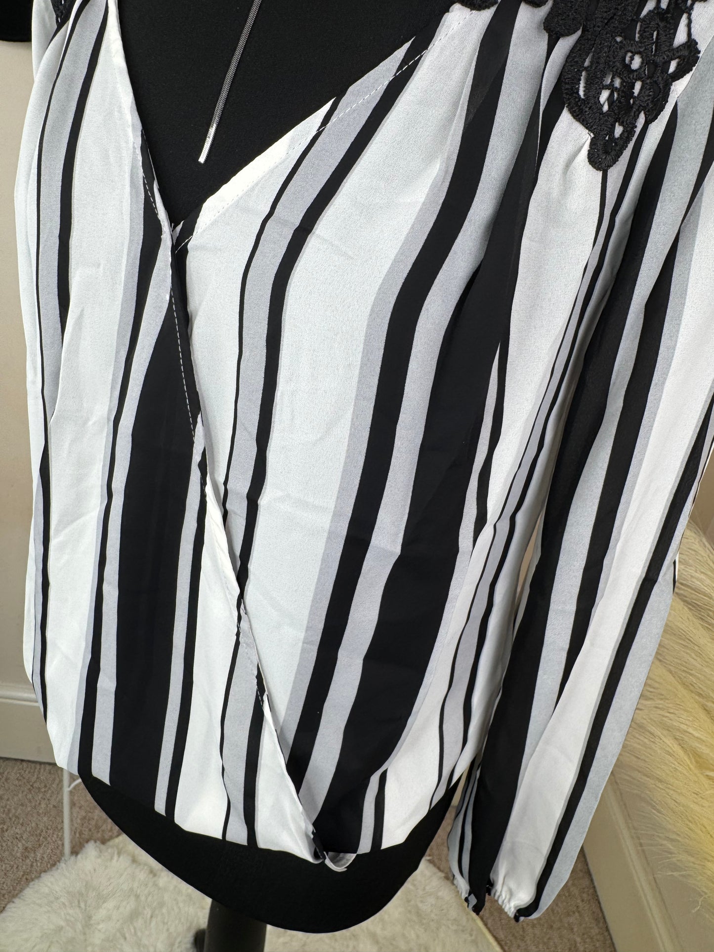 Black and White Striped Blouse – Long Sleeve V-Neck Top with Lace Shoulders – UK 10 & 14