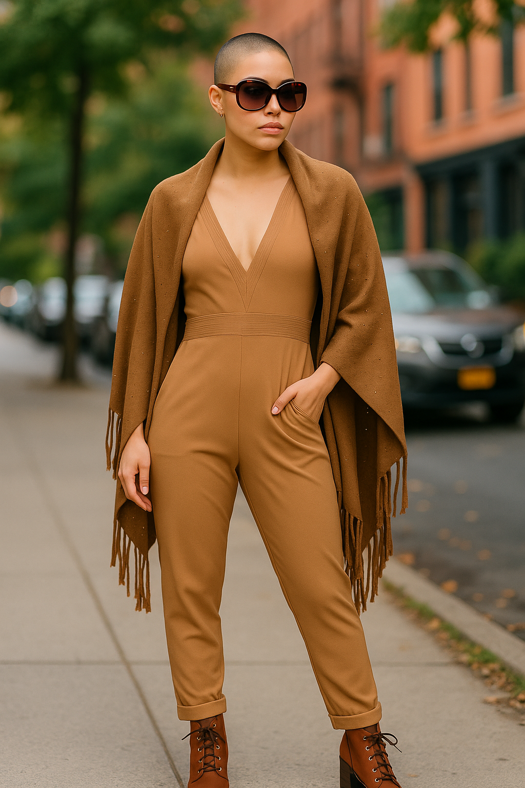 Women’s Camel Jumpsuit – V Neck Tailored Fit with Pockets (UK 10 & 12)