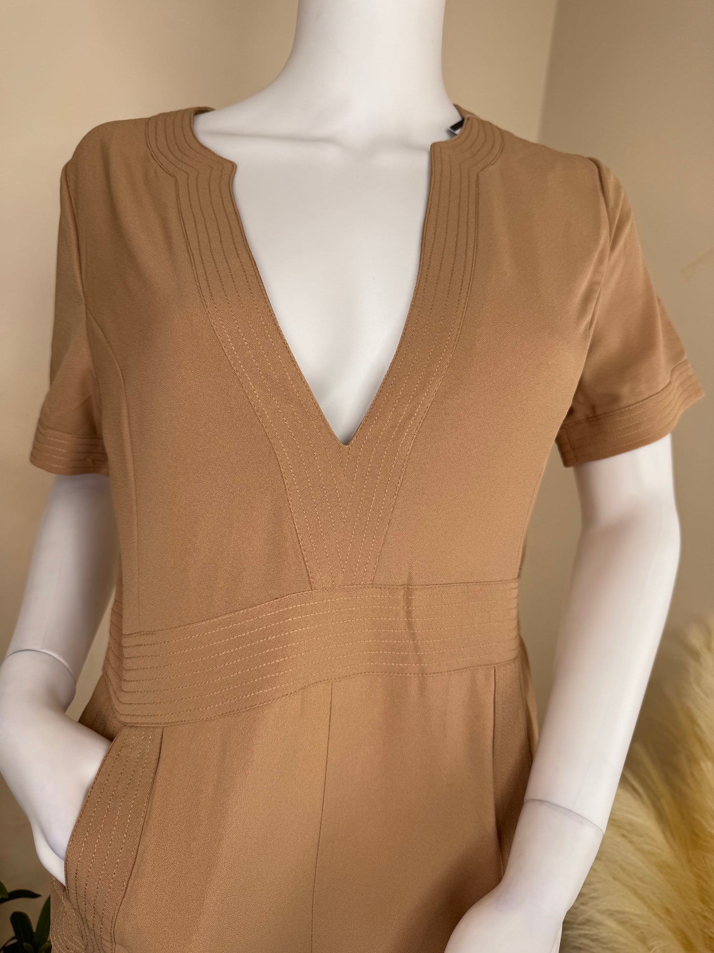 Women’s Camel Jumpsuit – V Neck Tailored Fit with Pockets (UK 10 & 12)
