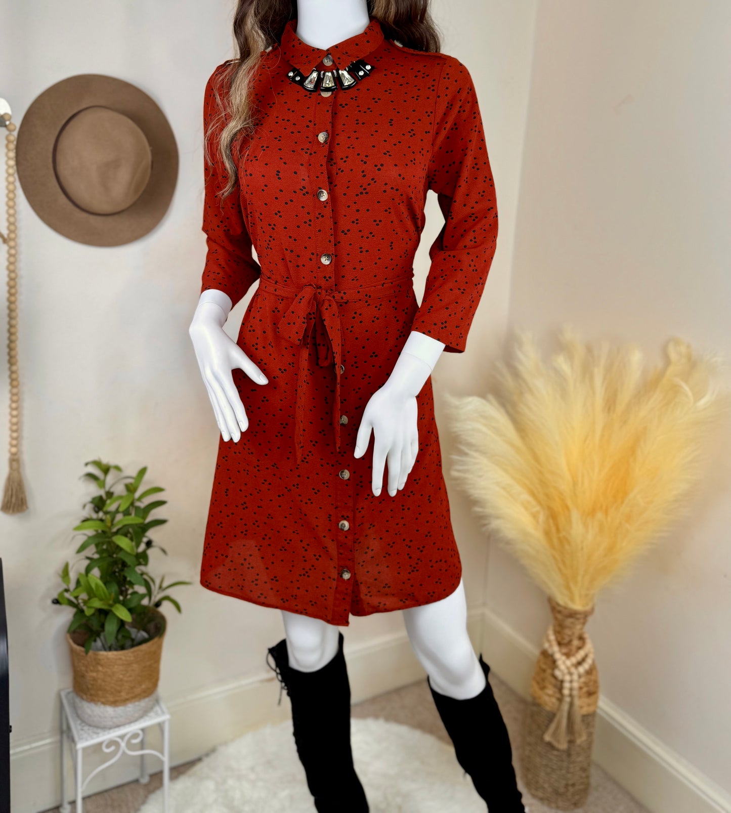 Women’s Red Shirt Dress – Long Sleeve Button Down with Belt UK 10