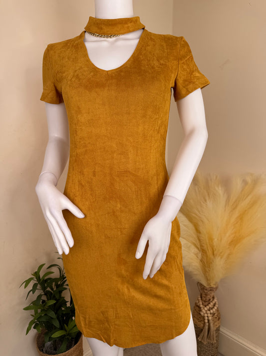 Women’s Mini Dress UK 10 – Yellow Suede Look with Choker Neck