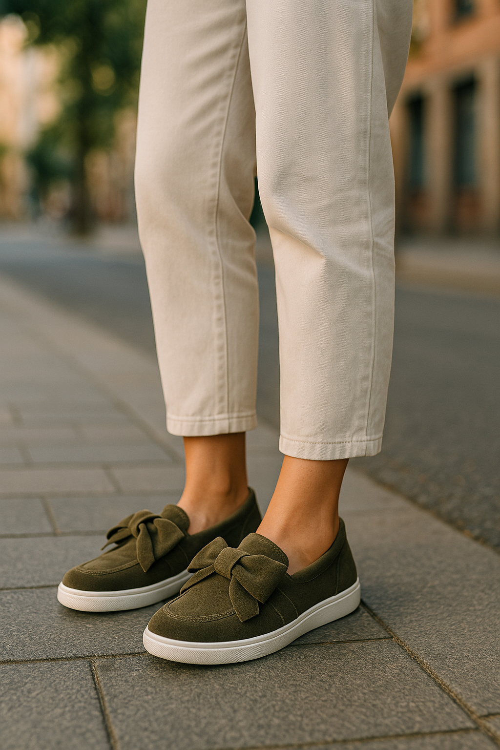 Women’s slip-on trainers with bow detail – khaki green – UK 5 / EU 38