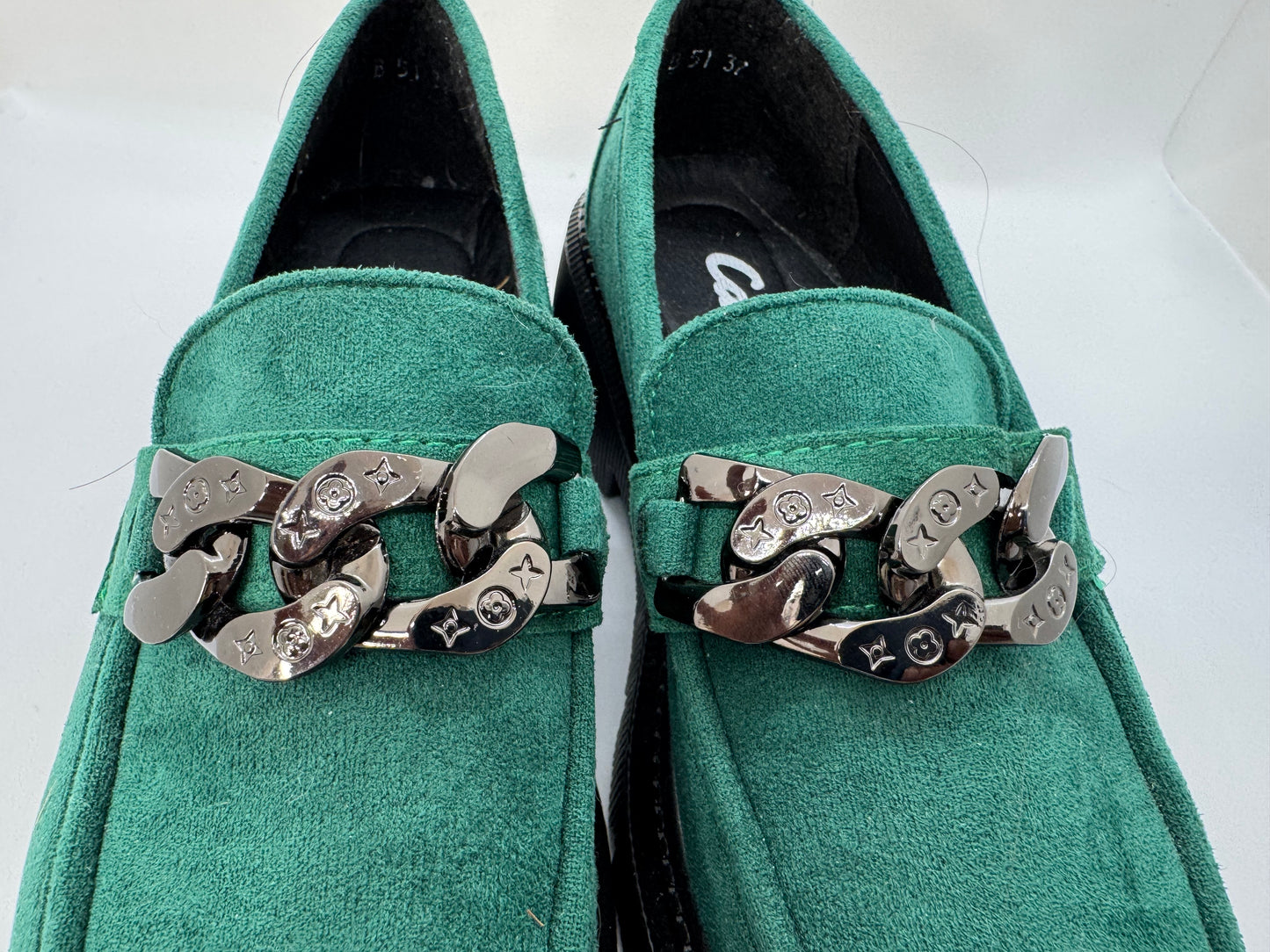 Women’s Green Suede Chunky Loafers with Black Chain – UK Size 3.5