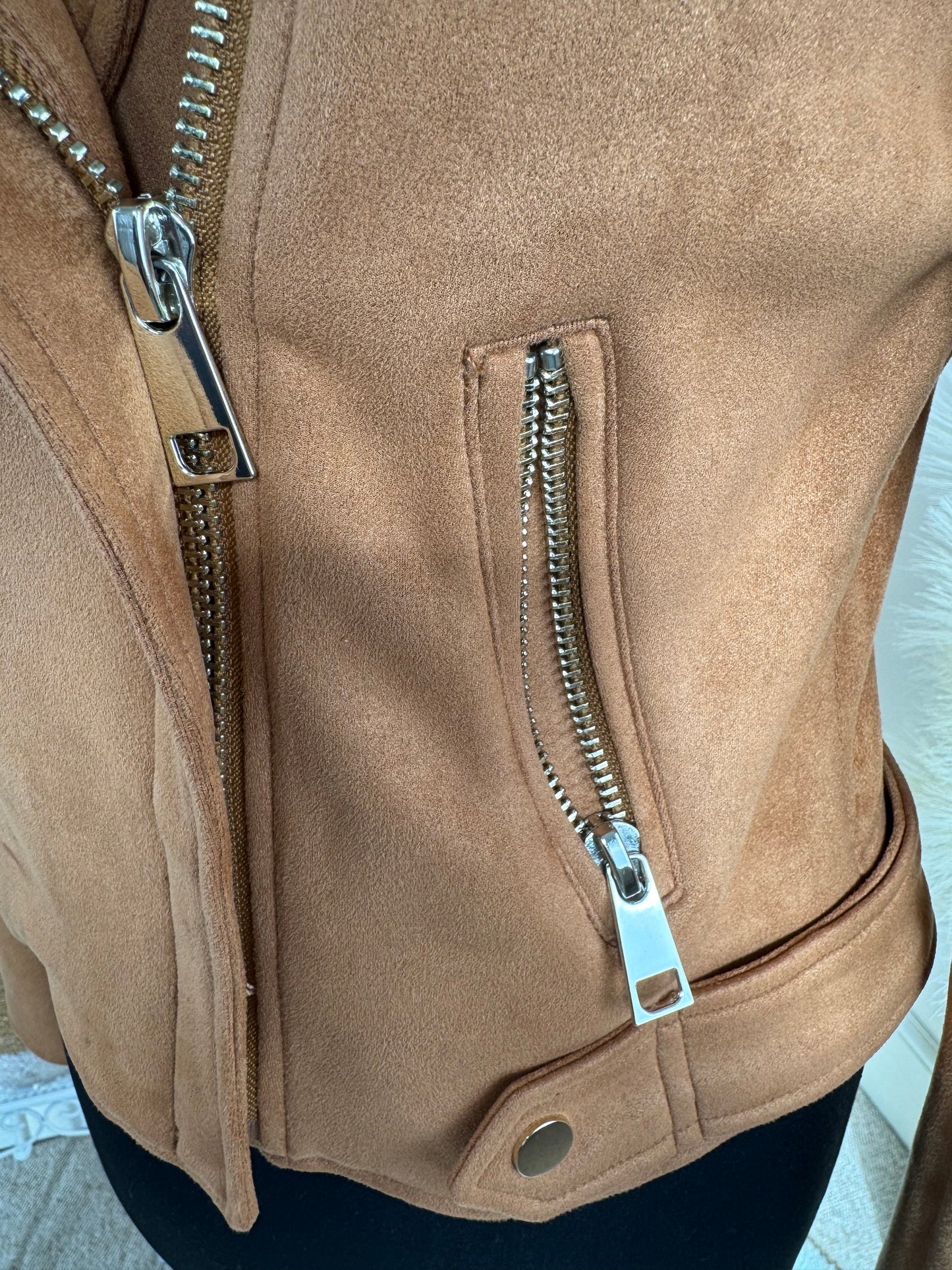 River Island Faux Suede Biker Jacket – Camel Brown, Size 10, Zip Detail