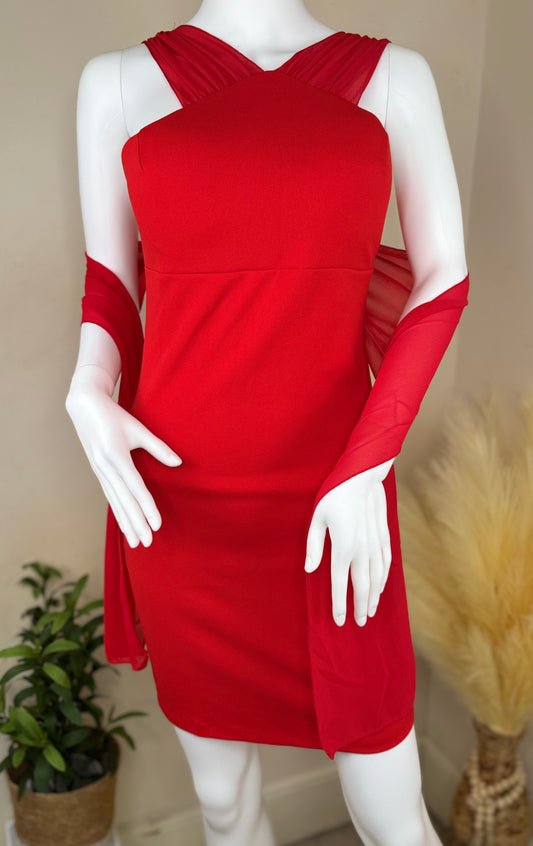 Red evening mini dress – cross strap detail – size 8