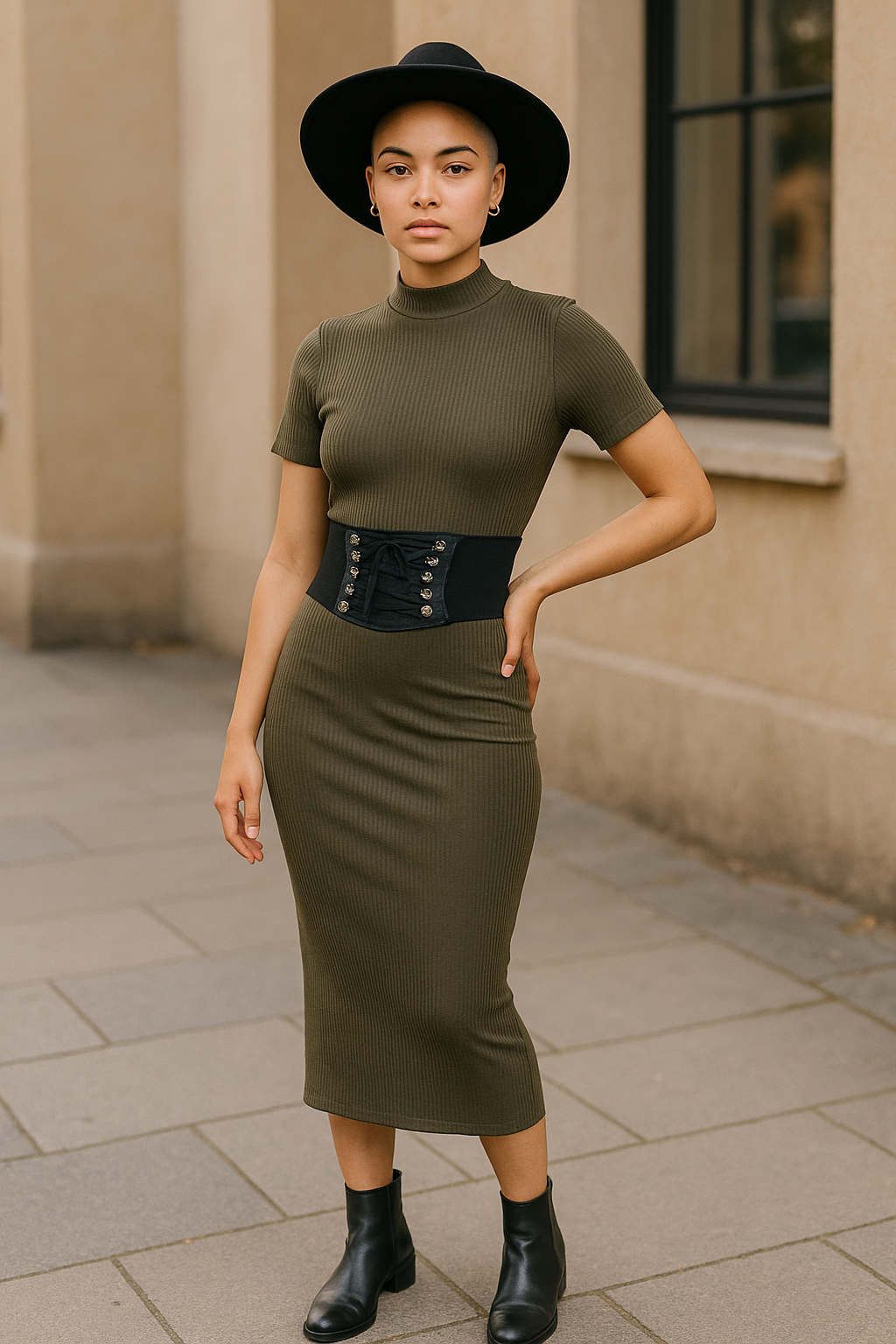 Women’s Ribbed Bodycon Midi Dress – Size 12 & 14 Green