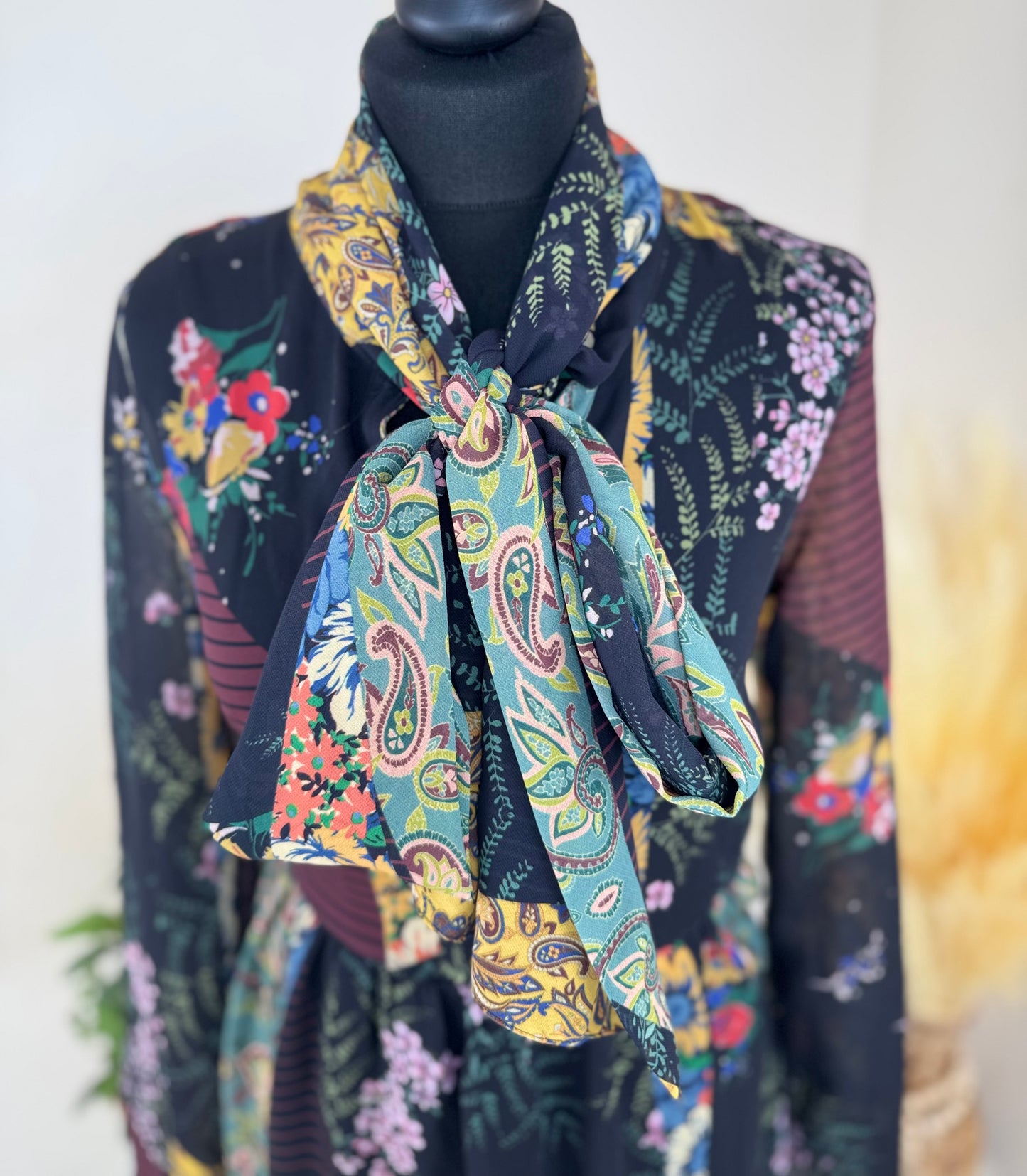 Women’s Patchwork Floral Midi Dress with Pussybow Tie – Size 10
