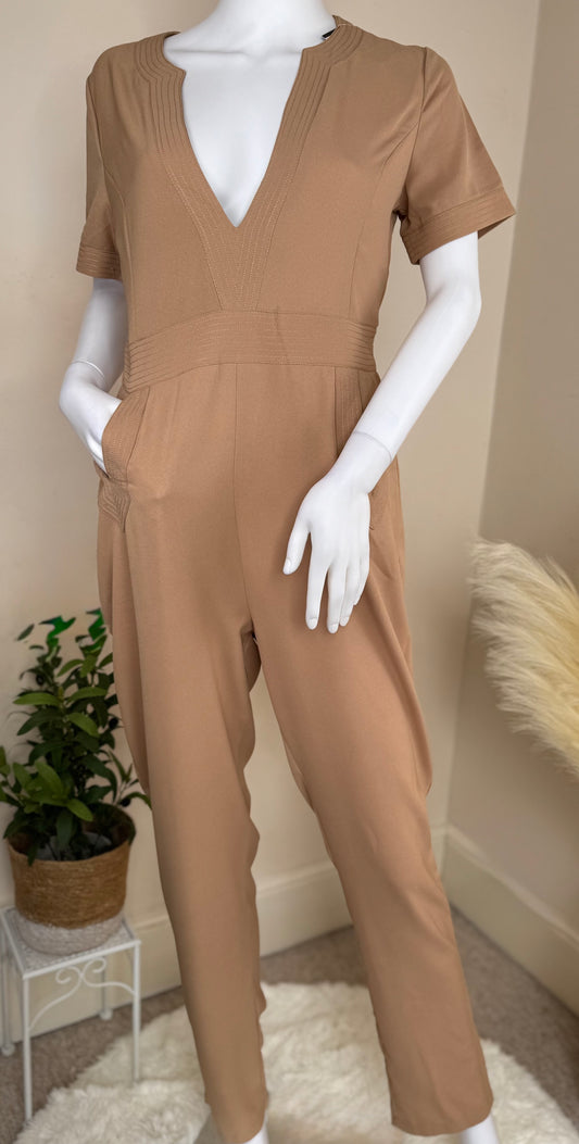 Women’s Camel Jumpsuit – V Neck Tailored Fit with Pockets (UK 10 & 12)