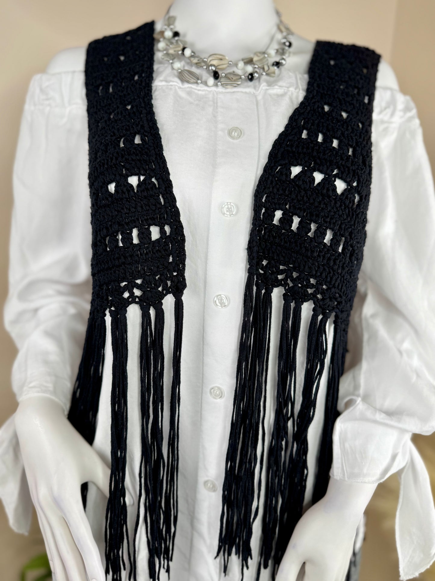 Women’s Black Crochet Boho Fringe Vest – Size M/10
