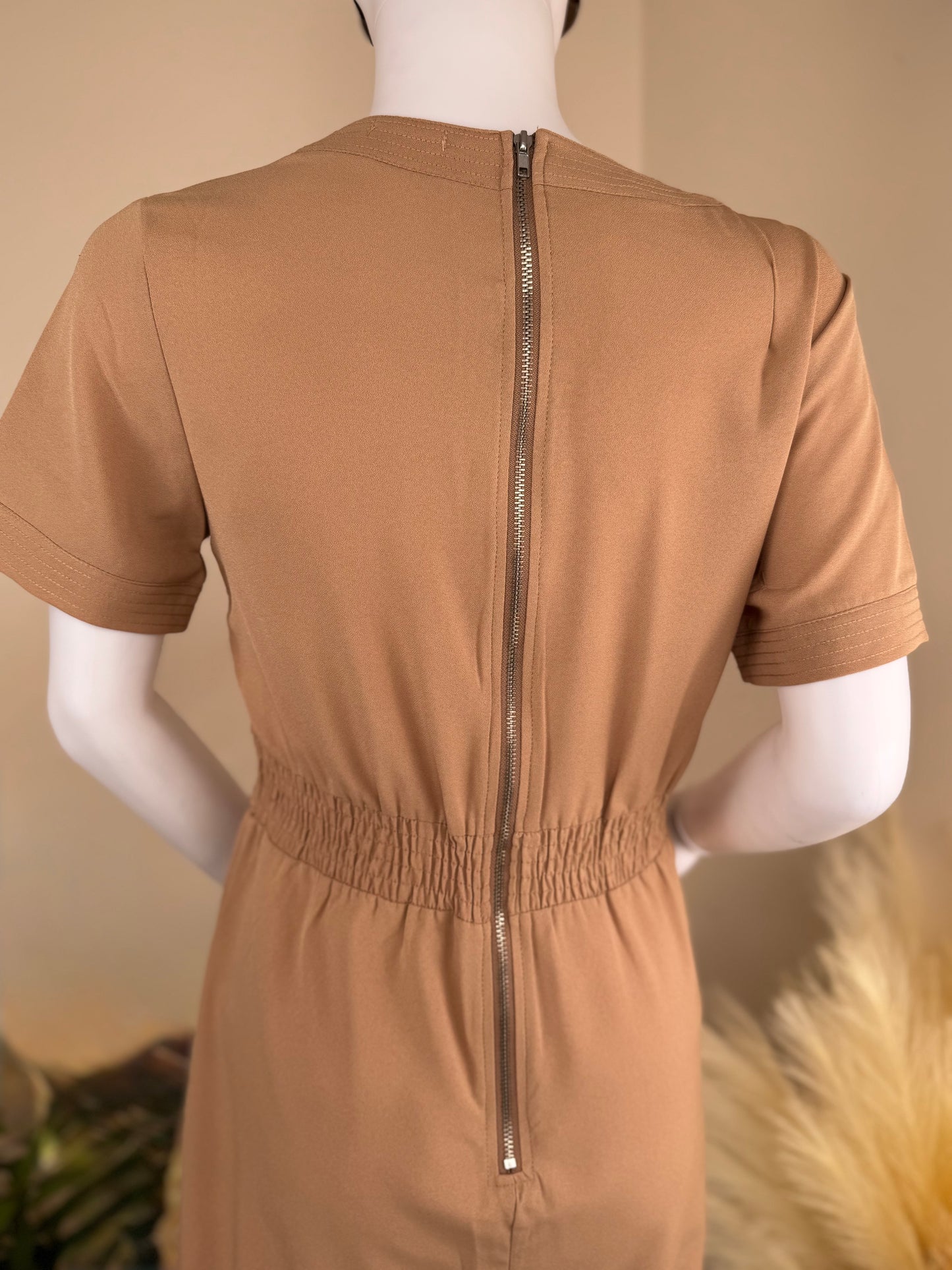 Women’s Camel Jumpsuit – V Neck Tailored Fit with Pockets (UK 10 & 12)
