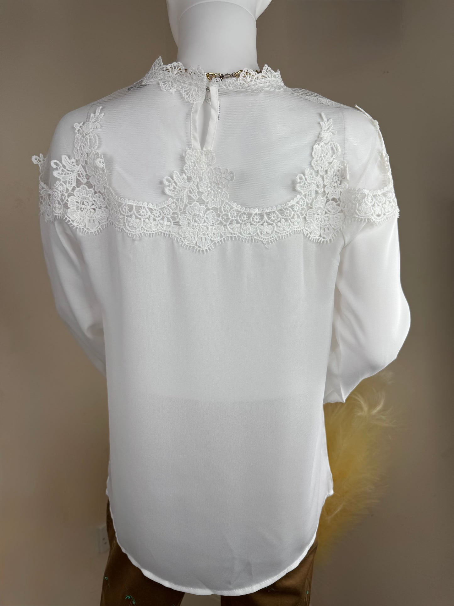 Women’s White Lace Blouse UK 10 – Sheer Long Sleeve Top Elegant Occasion Wear