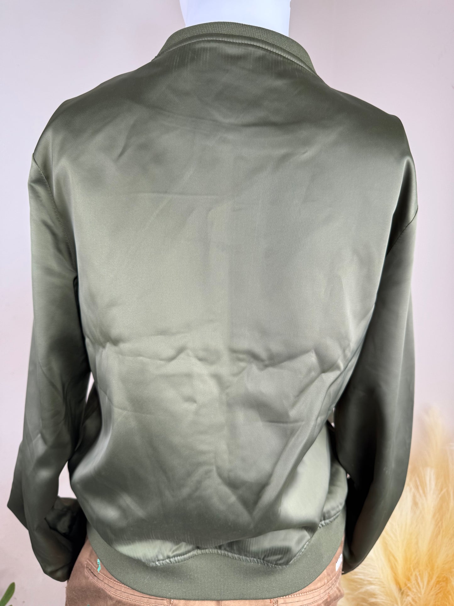Women’s Bomber Jacket with Safety Pin Detail – Gold UK 10 / Khaki Green UK 8– Boutique Outerwear